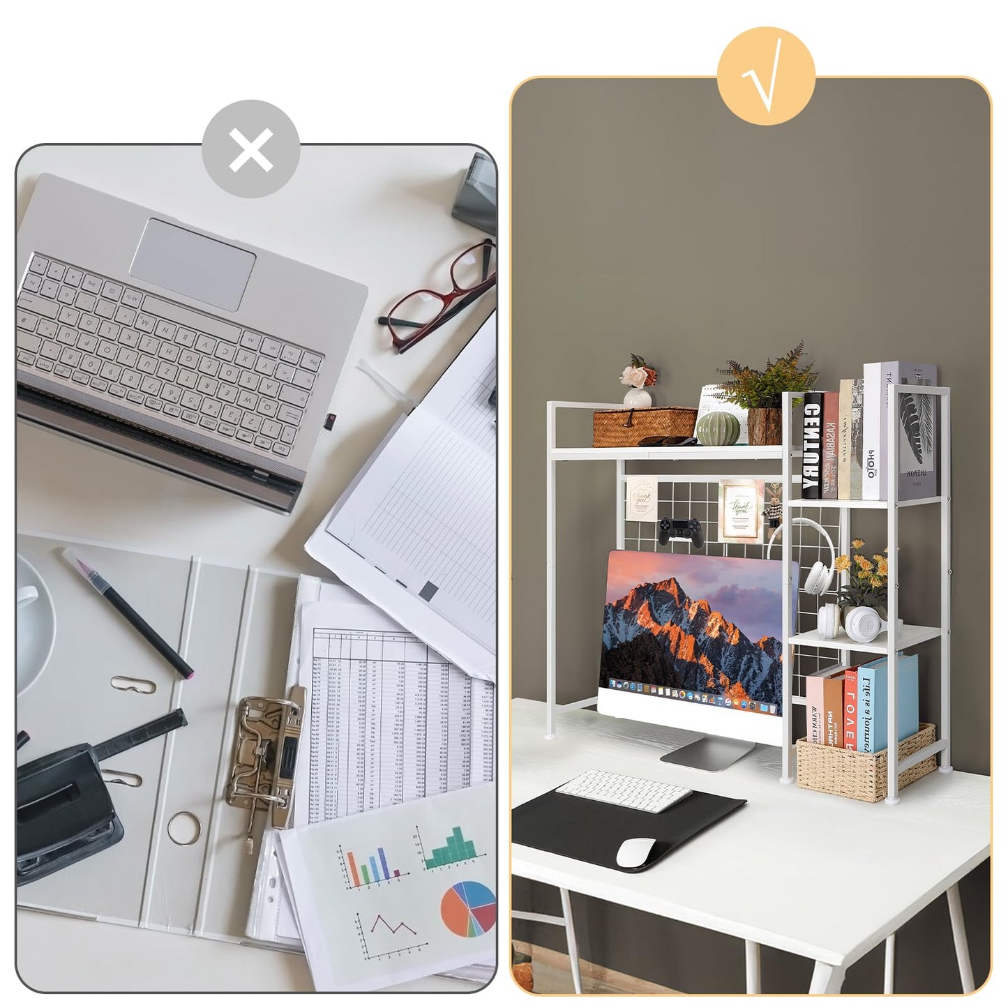 YBING Desk Shelf, 37.4" Desktop Organizer Shelf, Desk Hutch for Computer Monitor, Display Bookcase Rack with Grid Panel, Wood Desktop Bookshelf for Home Office, White