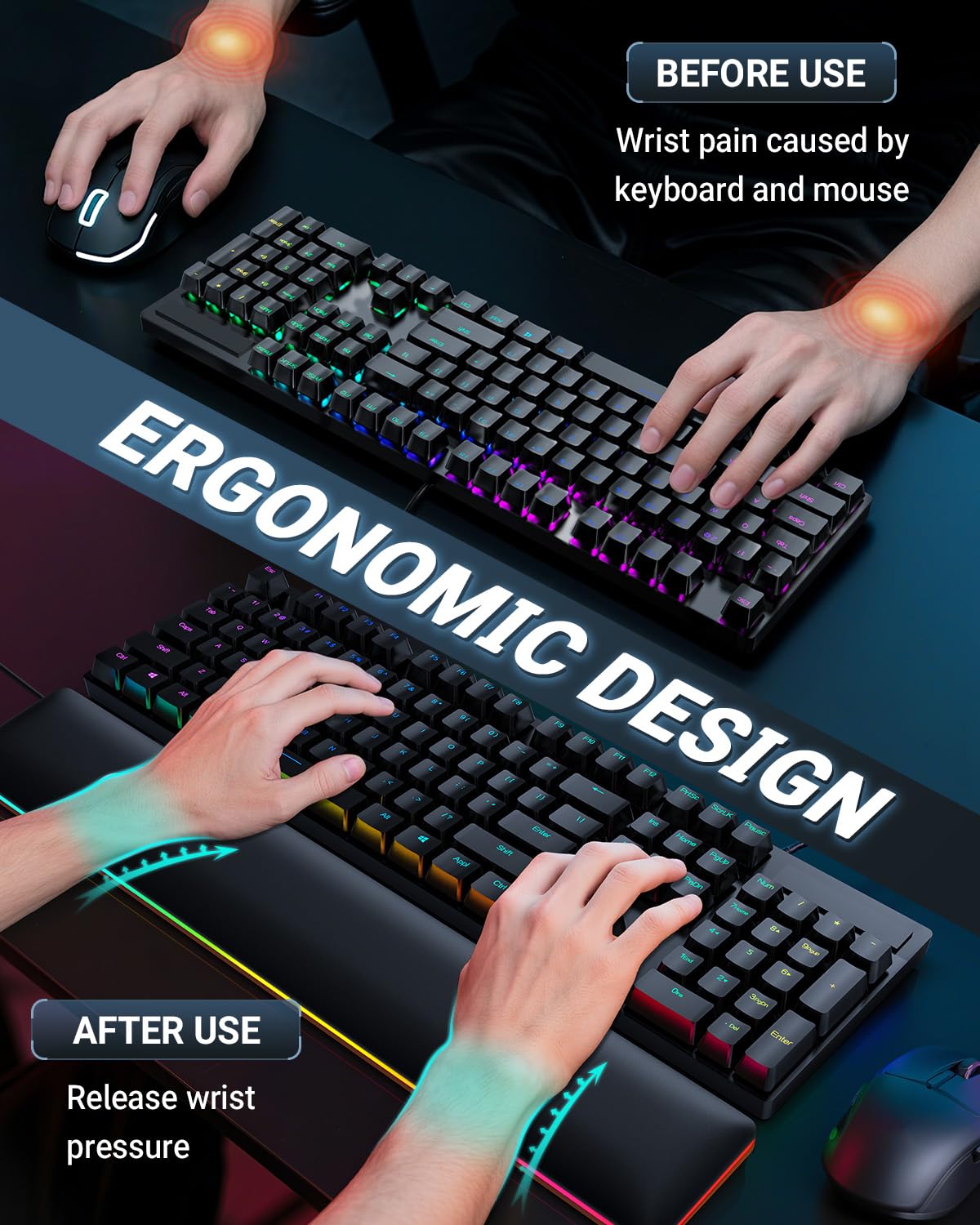ASFSKY RGB Keyboard Wrist Rest, Ergonomic Wooden Wrist Support with PU Leather & Memory Foam, Non-Slip and Easy-to-Clean Design, Wrist Pad for Mechanical Keyboard, Gaming & Office Use