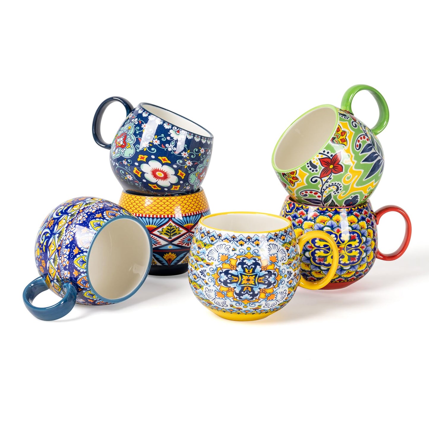 HENXFEN LEAD Boho Ceramic Coffee Mugs Set of 6, 20 oz Large Cups for Tea, Latte, Hot Chocolate & Soup – Microwave & Dishwasher Safe