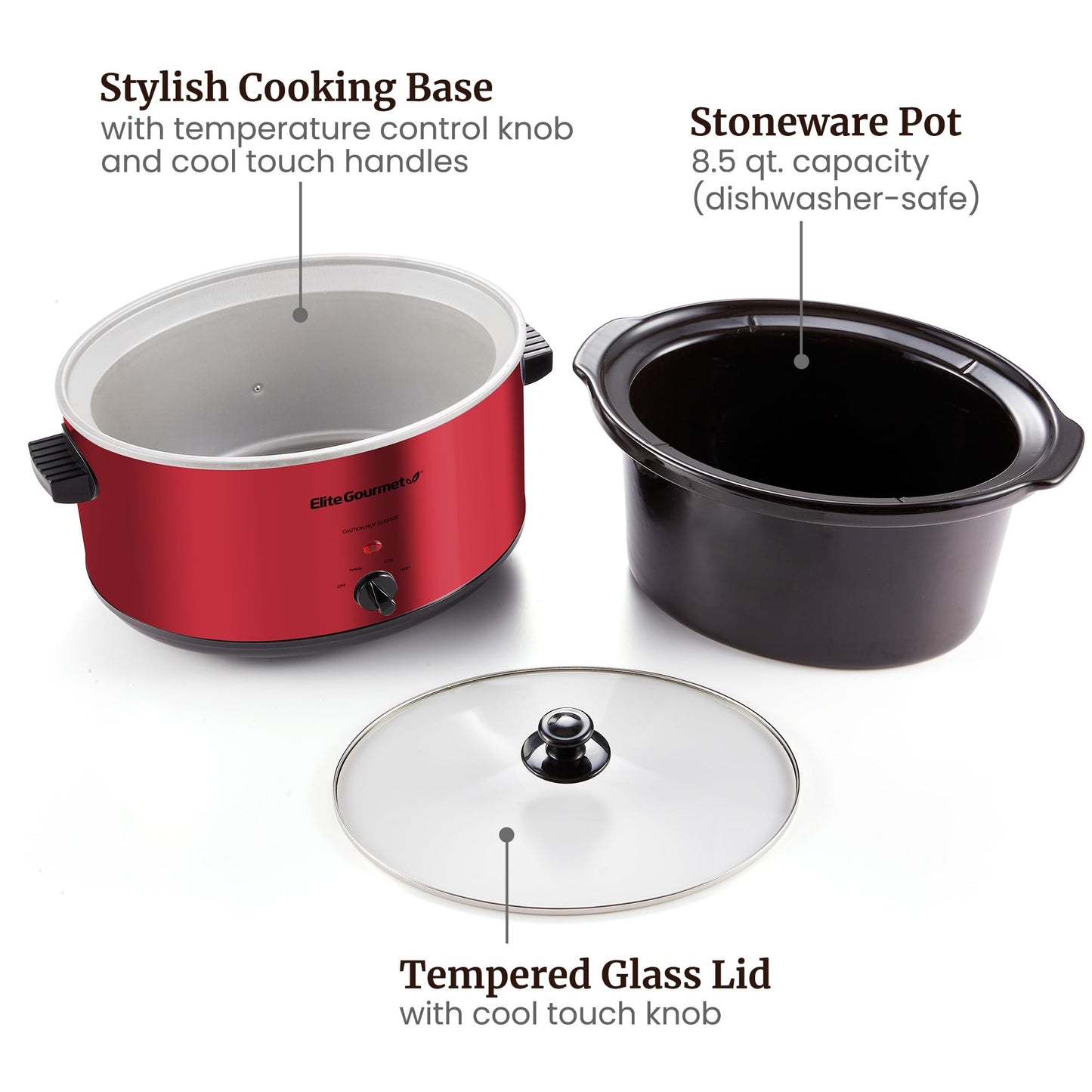 Elite Gourmet MST-900RXT Electric Ceramic XL Jumbo Slow Cooker, Adjustable Temp, Entrees, Sauces, Stews & Dips, Dishwasher Safe Glass Lid & Crock, 8.5Qt, Metallic Red