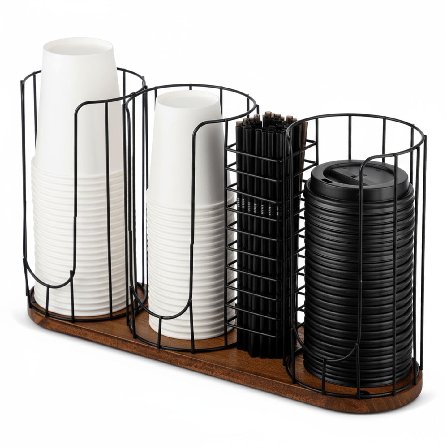 Geelin 18oz Adjustable Coffee Cup Dispenser with Wooden Base, Cup Holder Organizer for Storing Paper Cups, Straws, Lids and Other Tableware(4-compartment Single,Color 1)
