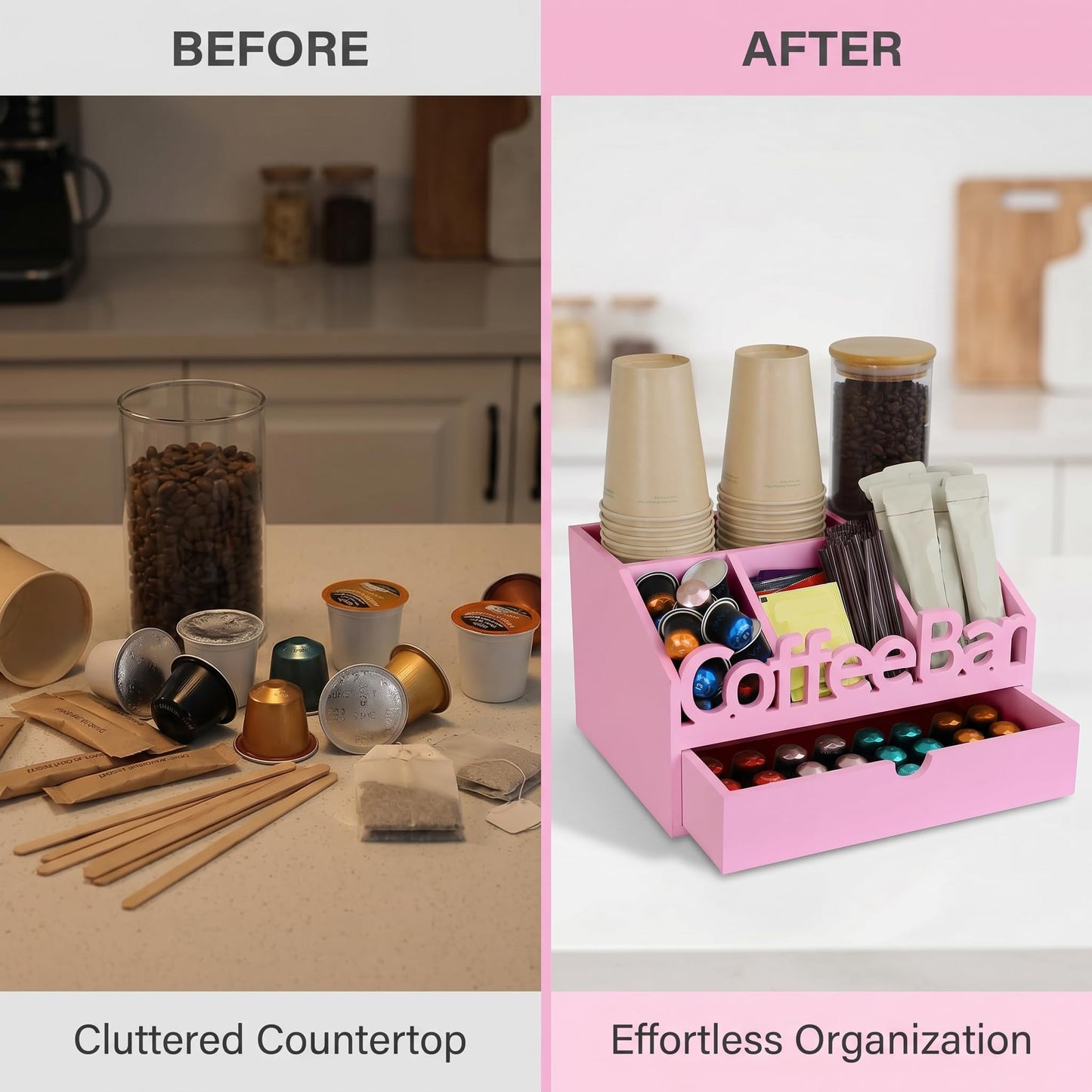 ADDFIT HOUSE Coffee Bar Organizer for Countertop – Wooden Coffee Station, Tea and K Cup, Condiment Storage Rack, Coffee Pod Holder for Home and Office Counter Organization (Drawer - Pink)