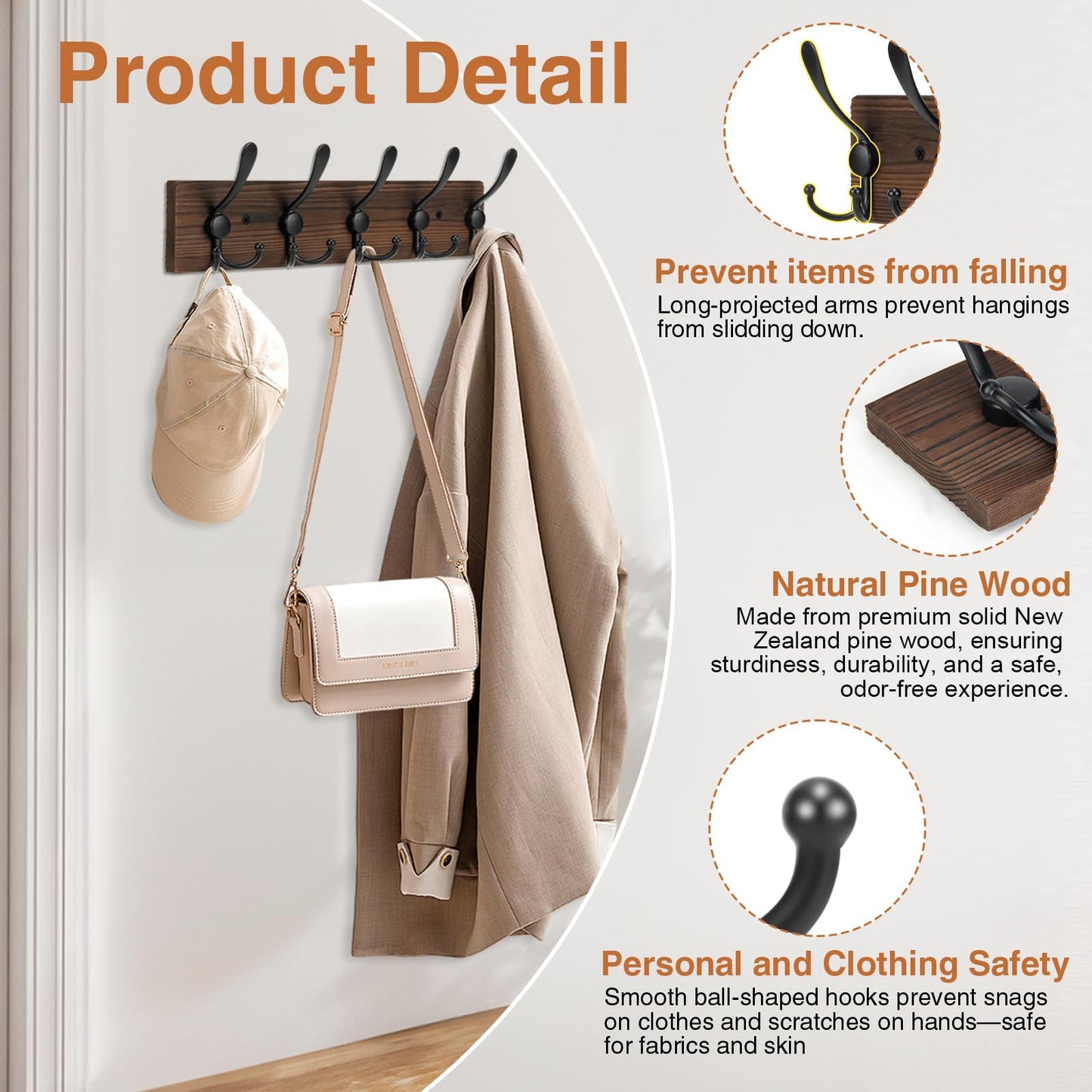 Wooden Coat Rack Wall Mount Heavy Duty, 2 Pack Coat Hanger Wall Mount with 5 Triple Hooks for Clothes, Jacket, Hat, Keys, Space Saving Entryway Organizer for Mudroom (‎Brown Plate & Black Hooks)