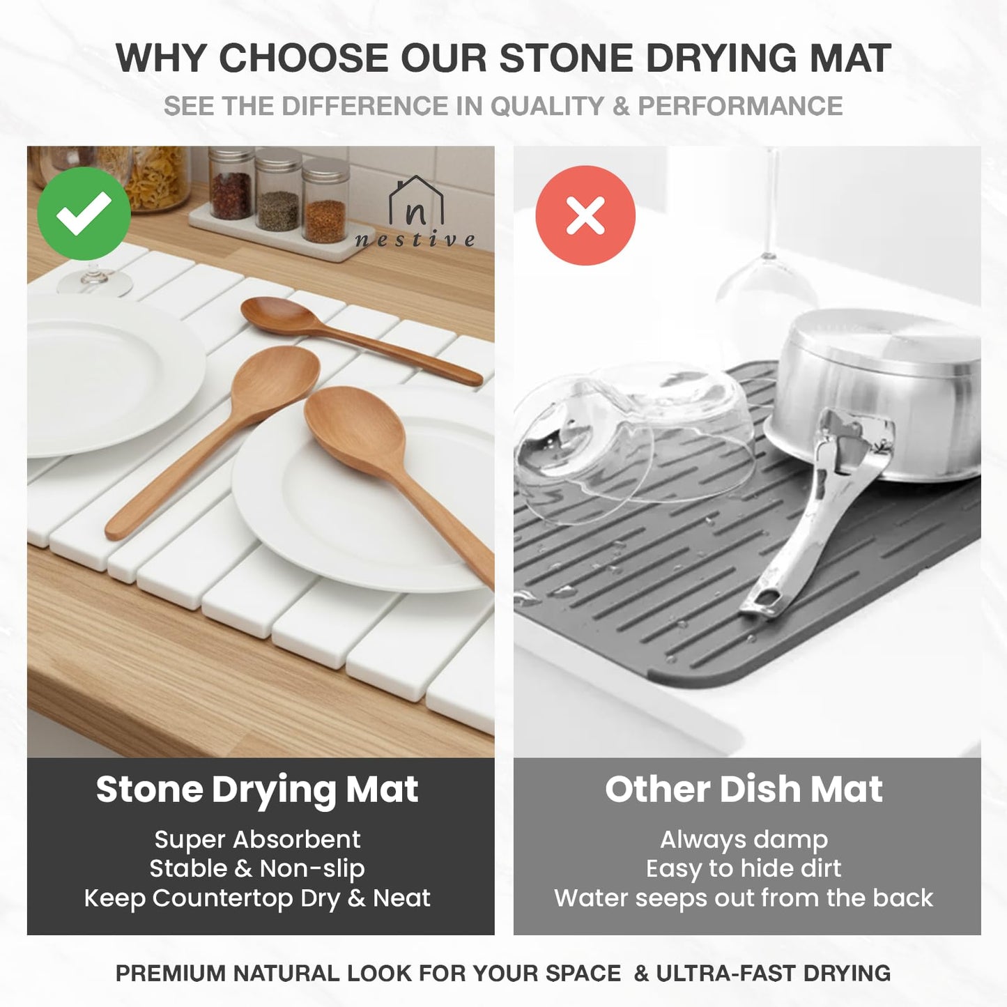 Large Stone Drying Mat for Kitchen Counter | 24"x16" | Fast Drying Collapsible Diatomaceous-Earth Mat | Super Absorbent Folding Mat for Dishes, Bottles, Glass, Heat-Resistant, Non-Slip (White)