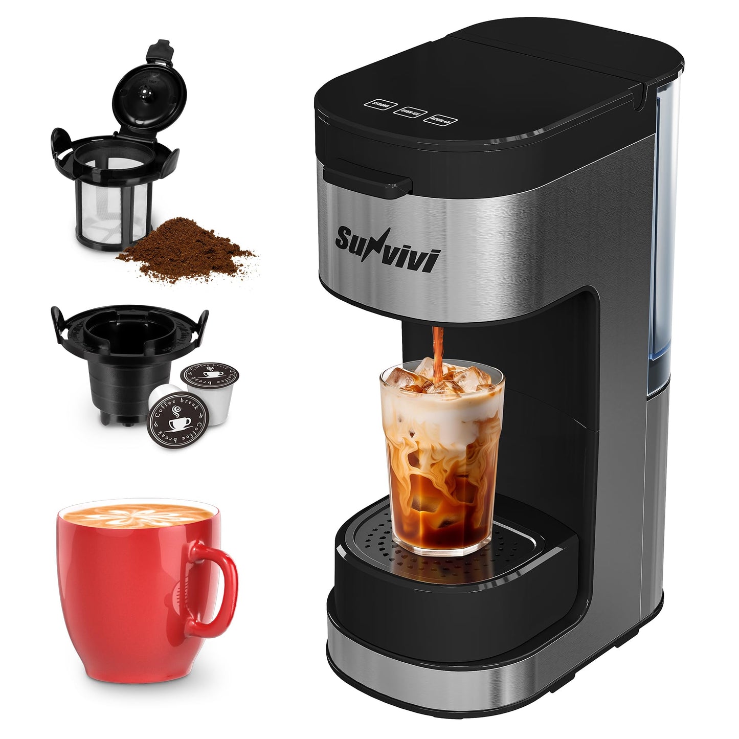 SUNVIVIPRO Single Serve Coffee Machine Brewer: 3-in-1 Iced Coffee Maker for K Pod Pods, Ground Coffee, and Teas with Removable Water Reservoir 6 to 14oz, 2 Cup Trays, Self-Cleaning Function, Black
