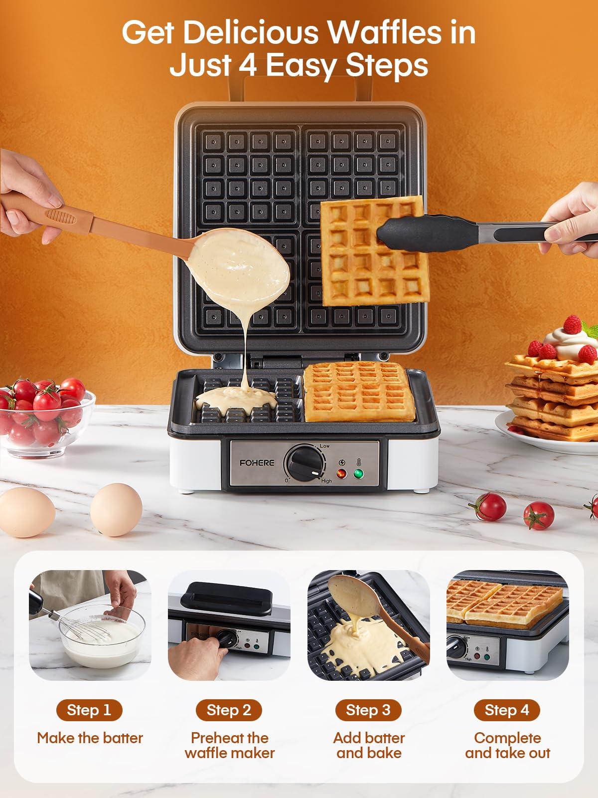 FOHERE Waffle Maker 4 Slices, 1200W Square Waffle Iron, 5 Browning Levels, Nonstick Plates, Cool-touch Handle, Anti-scald, Anti-overflow, Indicator Lights, Recipe, White (Large)