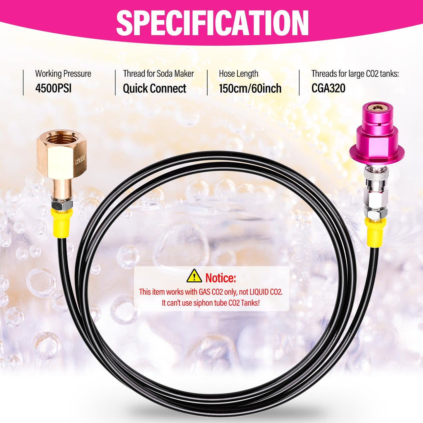 CO2 Quick Adapter with 60in High-pressure Hose, CO2 Quick-Connect Compatible with Duo/Terra/Art/E-Duo/Crystal 3.0/GAIA Soda Maker, CGA320 Valve for Large CO2 Tank