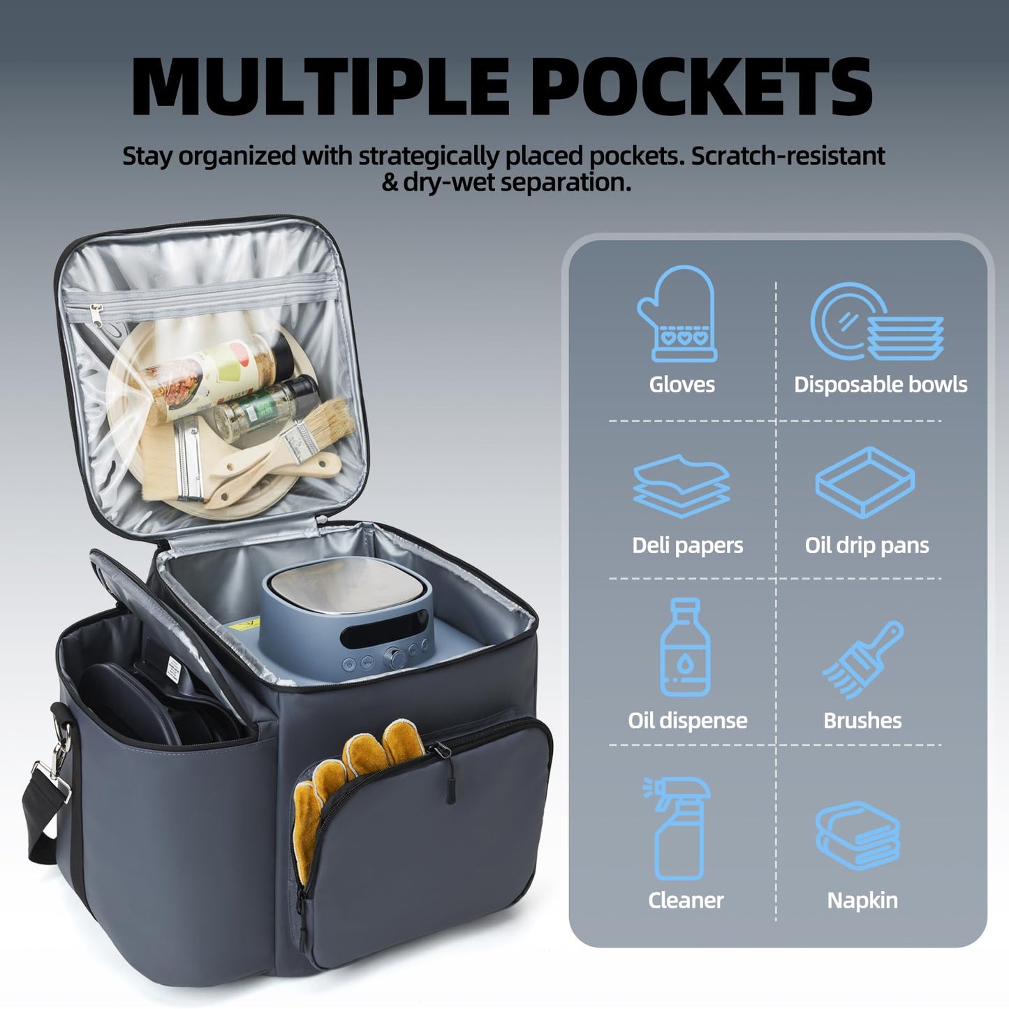 Padded Carrying Case for Ninja Crispi Pro Air Fryer 6QT & 2.5QT Glass Containers, Carry Bag with 5mm Thick Insulation, Multiple Compartments for Accessories Storage and Travel, Gray (Bag Only)
