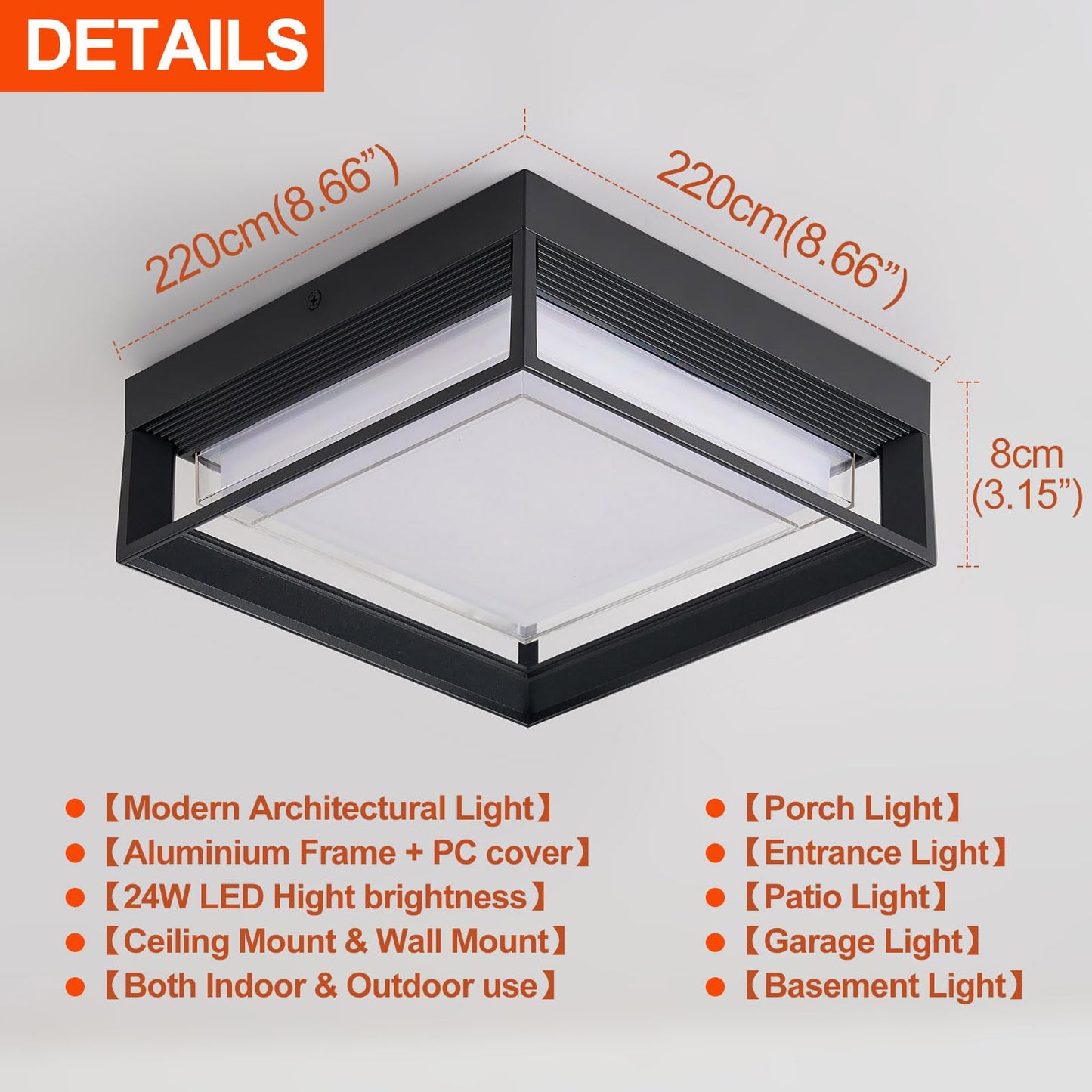CHENS01 Square Flush Mount Outdoor LED Ceiling Light Fixture, 120V 24W 3000K 9 inch Medium Overhead Porch & Patio Lights Ceiling Mounted, Waterproof Suitable for Wet Areas, Black