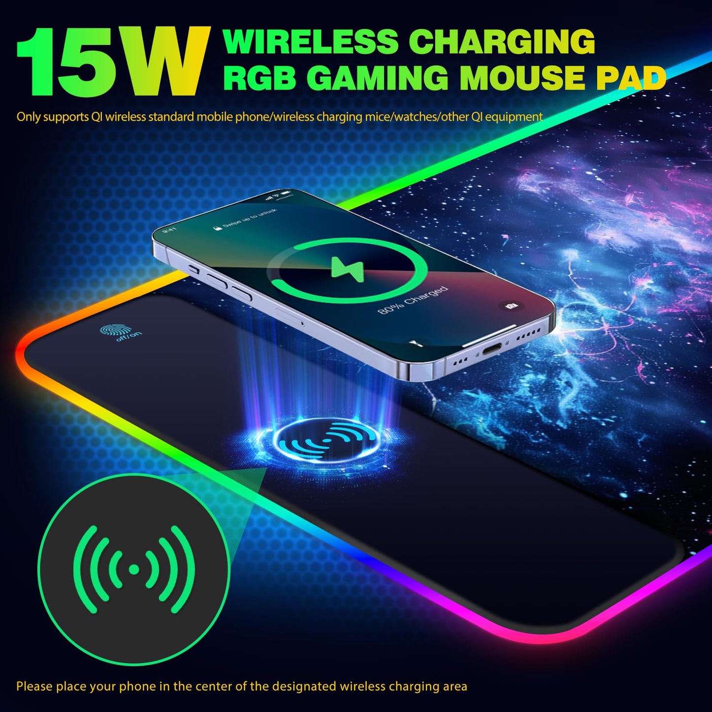 AIMSA RGB Gaming Mouse Pad with Wireless Charging, Large Keyboard Mouse Pad with 14 LED Light Modes, Non-Slip Rubber Base Waterproof Desk Pad for Home Office Decor, Blue Purple Cosmic Nebula