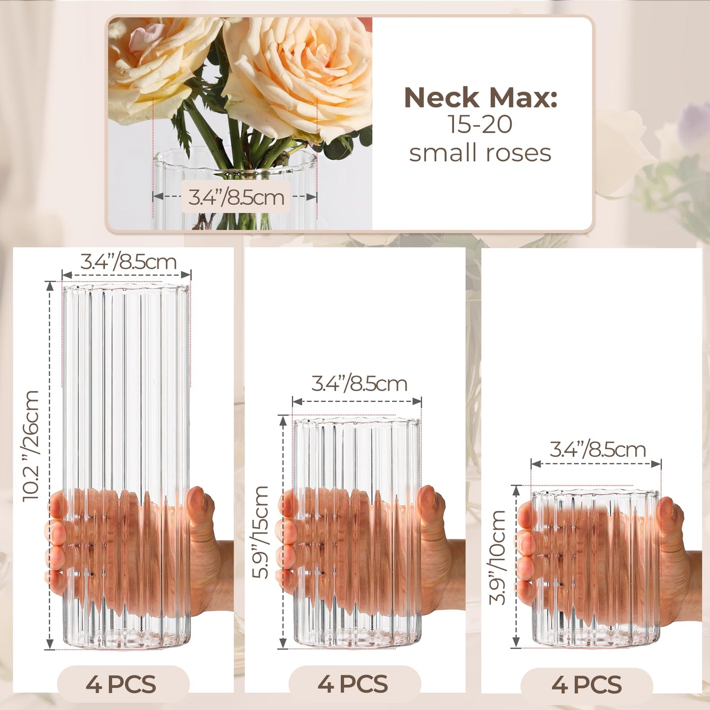 ComSaf Glass Cylinder Vases Pack of 12, Clear Ribbed Bud Vases for Centerpieces Weeding Decoration, 4 inch 6 Inch 10 Inch Tall Clear Flower Vases in Bulk, Hurricane Candle Holder for Party Home Decor