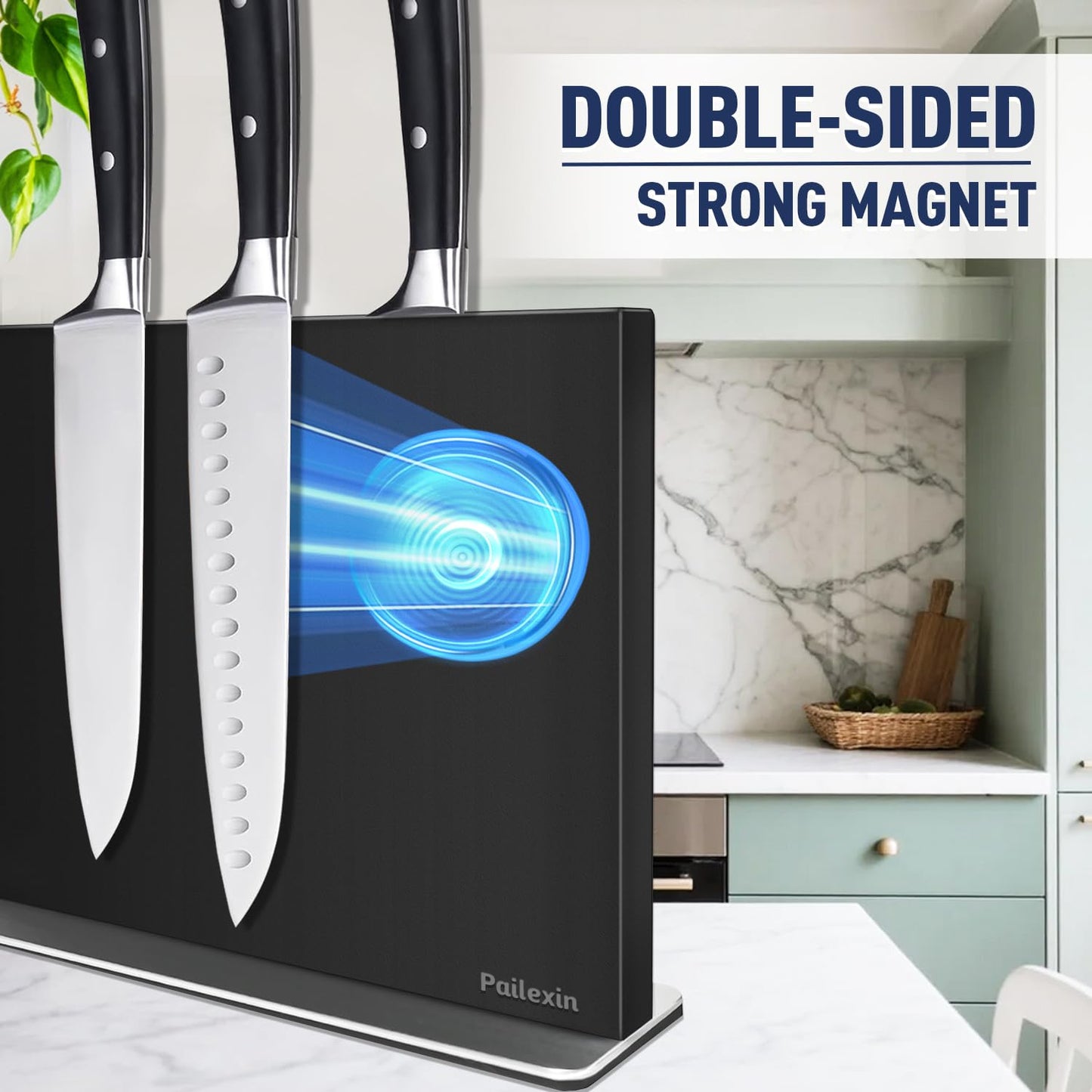 Pailexin Magnetic Knife Block Without Knives—Black Stainless Steel Double-Sided Magnetic Knife Holder Stand with Strong Magnets, Knife Storage Organizer for Kitchen Counter top, 16 inch