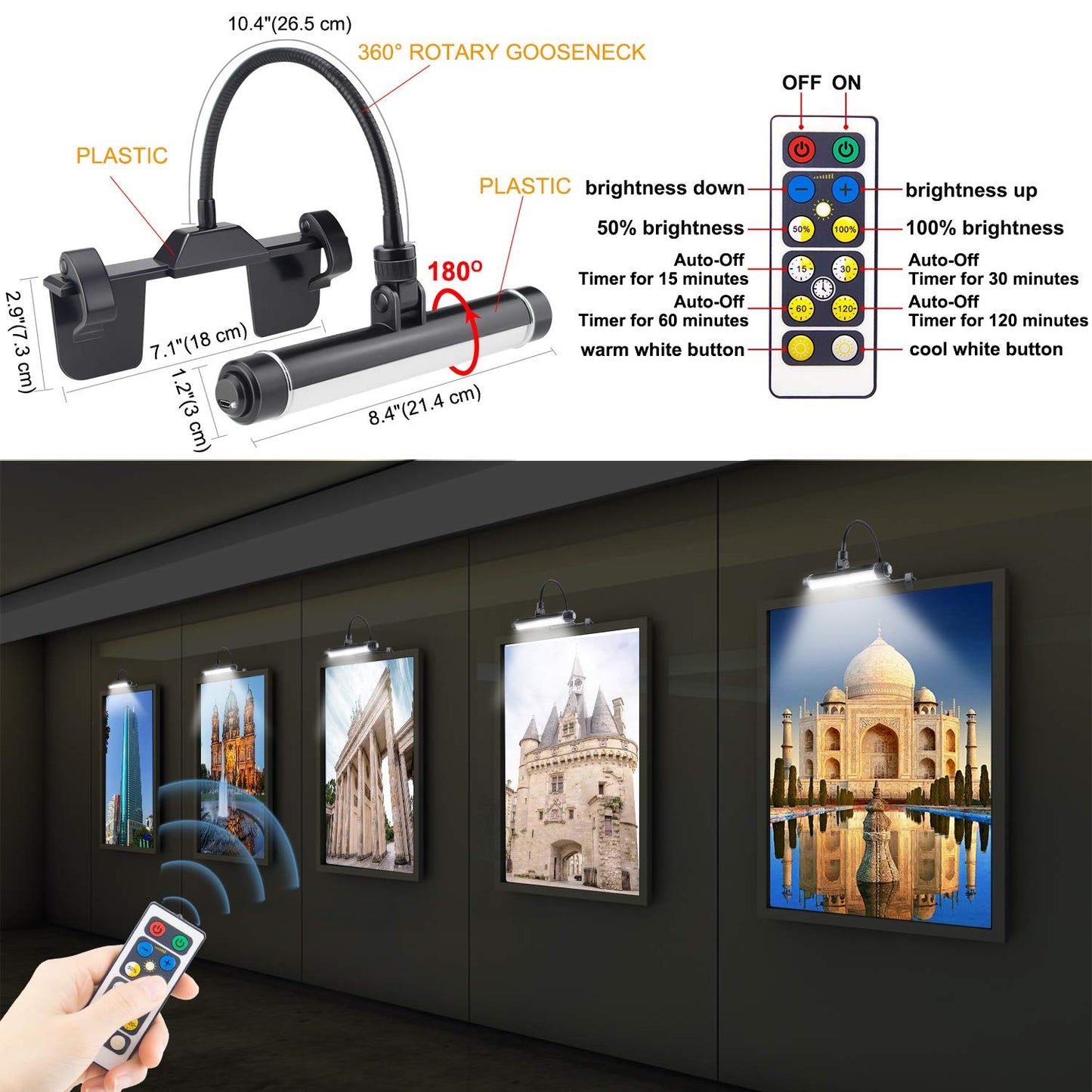 BIGMONAT Cordless Picture Light, Rechargeable Display Lamp, Clip on Painging Frame, Led Art Light with Timer, Dimmable Painting Light 3 Lighting Modes for Dart Board