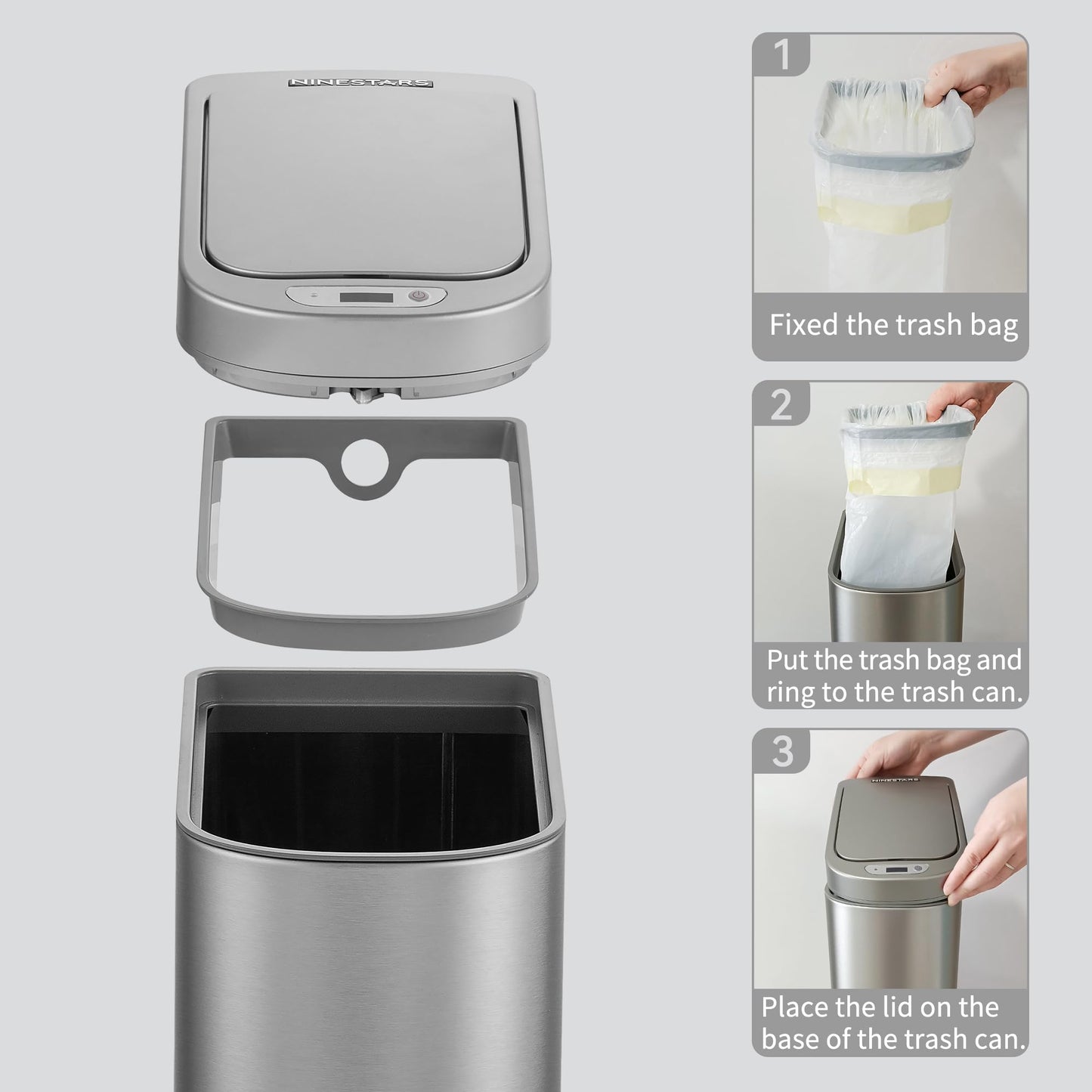 Ninestars Automatic Motion Sensor Bathroom Trash Can, 1.8 Gallon Smart Opening Garbage Bin for Bathroom, Bedroom, Kitchen, Office 7 Liter Compact Stainless Steel
