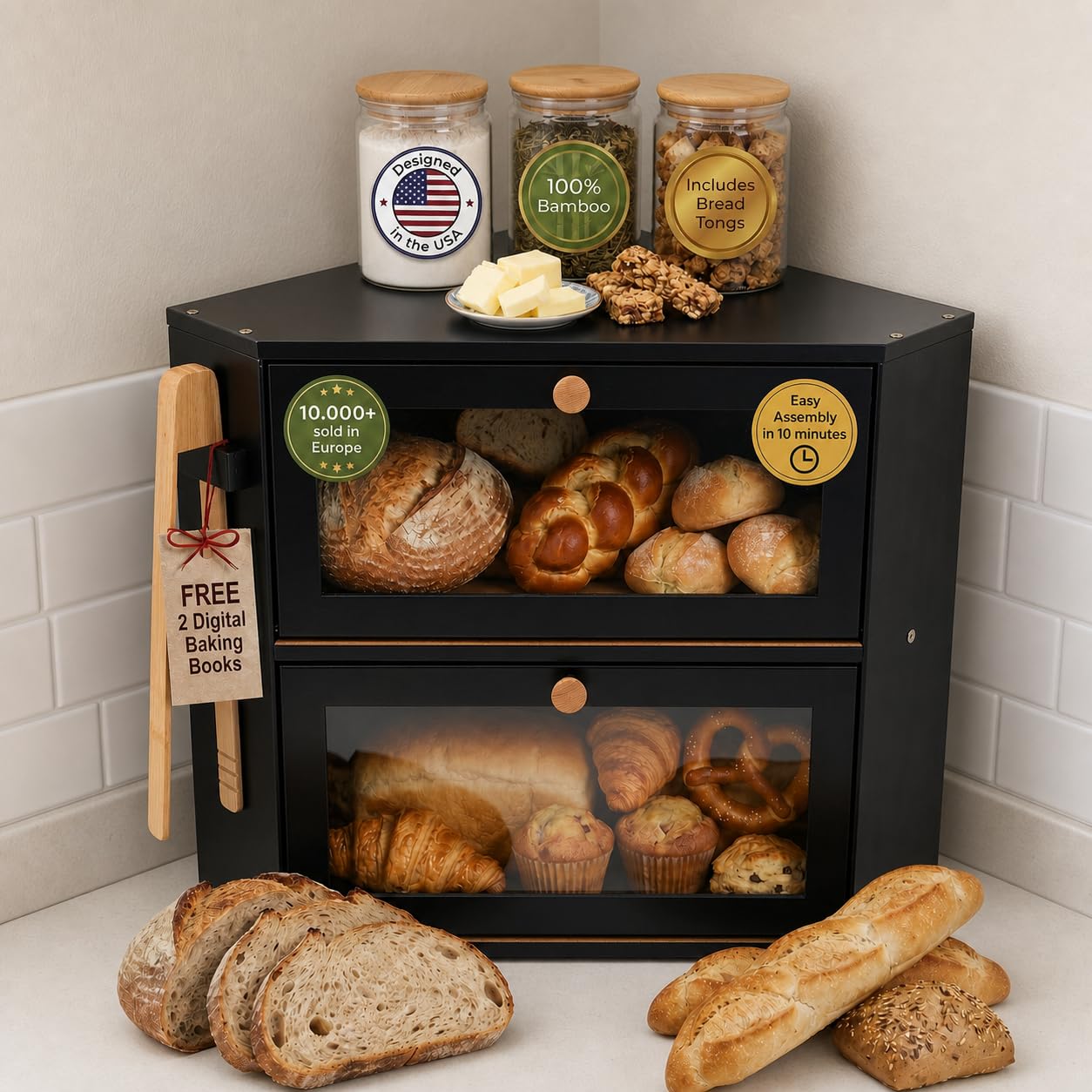 Corner Bread Box for Kitchen Countertop – Bamboo Bread Box with Airtight Design, Dual Divided Compartments, Magnetic Closures, Non-Slip Feet, Clear Windows, Tongs & 2 Free Baking Books -Black
