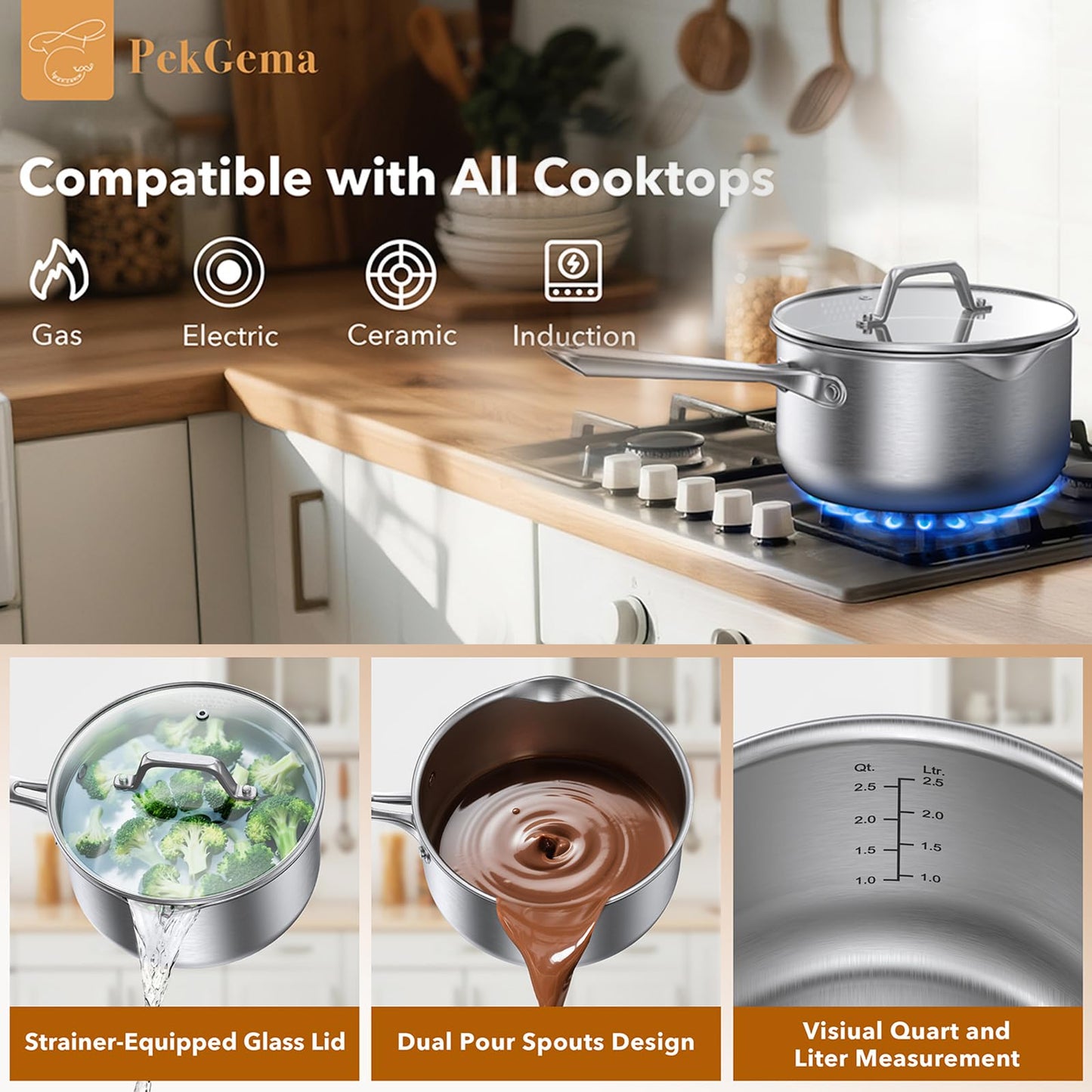 PekGema Stainless Steel Saucepan 3 Quart with Glass Strainer Lid, Tri-Ply Construction, Dual Pour Spouts, Measurement Marks, Stay-Cool Handle, Dishwasher & Oven Safe, All Cooktops Compatible