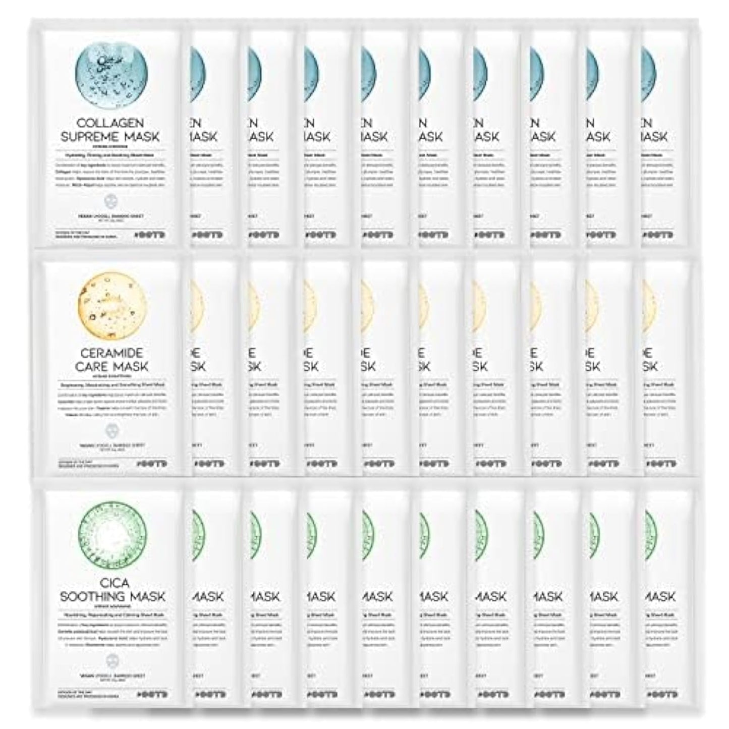 #OOTD Hydrating Soothing Sheet Masks Gift Set for Skincare, Korean Vegan Sheet Mask for Dry, Sensitive Skin, Calming, Smoothing, Brightening, Collagen, Ceramide, Cica, Hyaluronic Acid 30EA