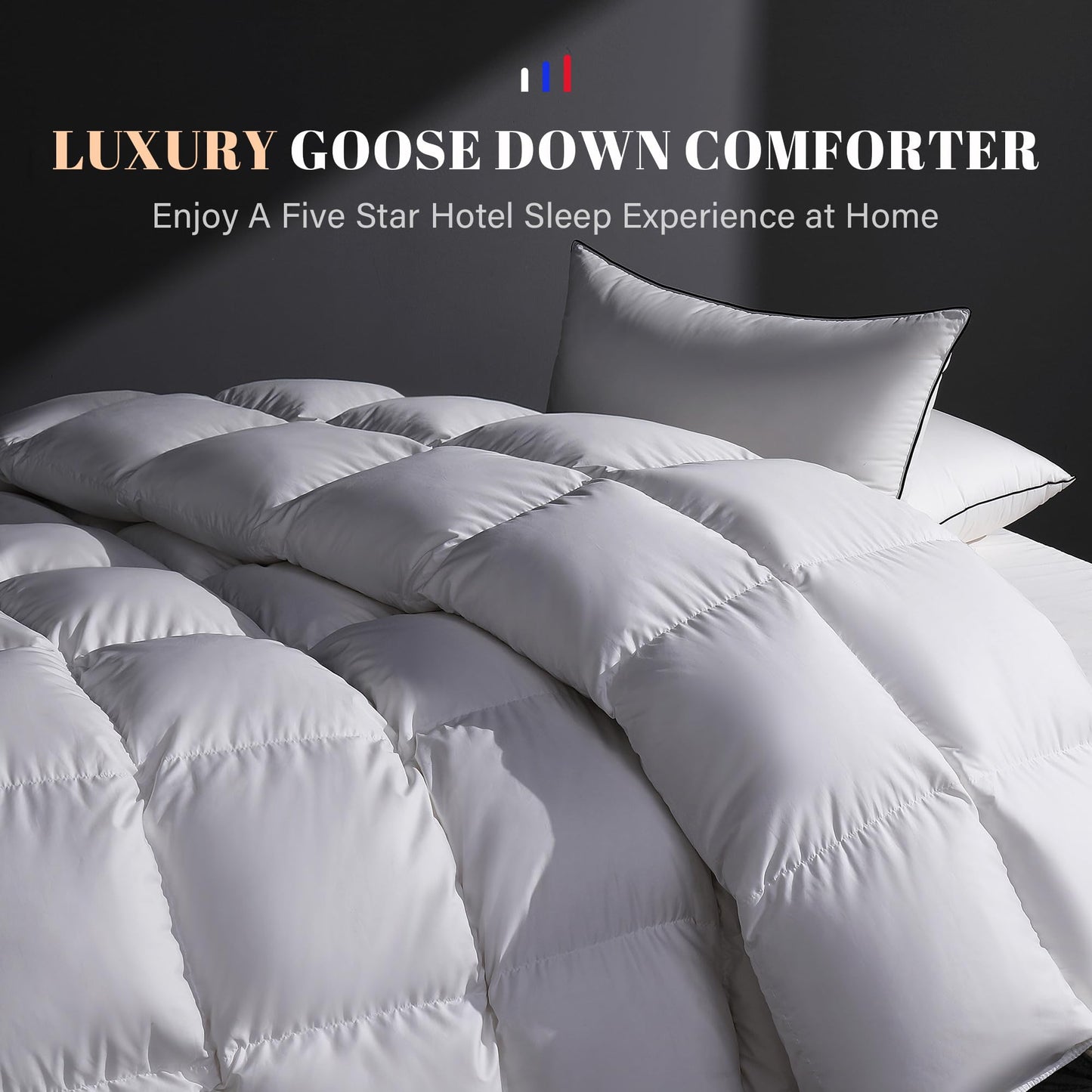DOWNSTORIA Feather Down Comforter Queen Size Duvet Insert, Light Weight True Baffle-Box Noiseless Bedding Comforters, Soft Hotel Collection Bed Comforter, Medium Warmth - White, 90 X 90 in.