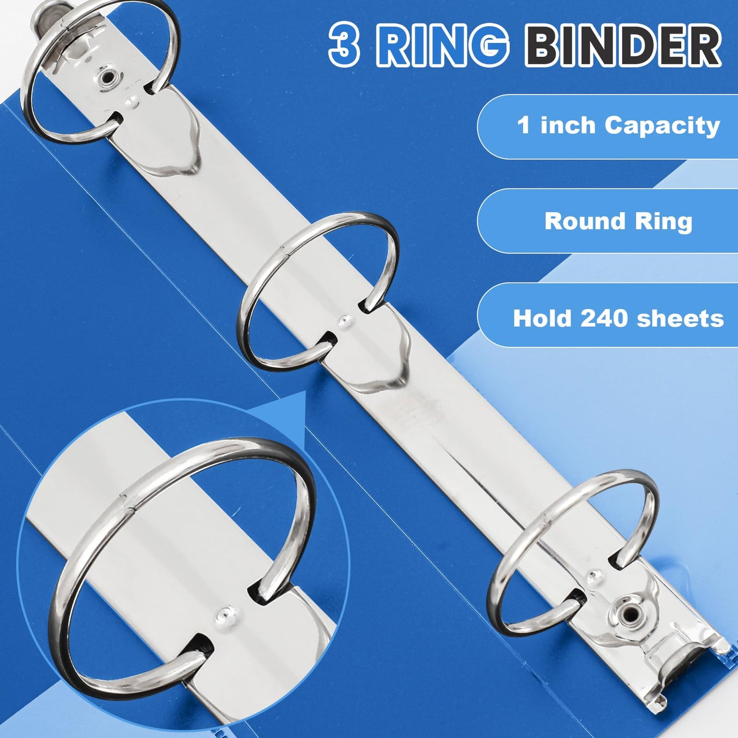 Henoyso 12 Pcs 1 Inch 3 Ring Flexible Poly Binders Bulk, Blue Plastic Telescoping 3 Ring Binder with Clear Front Cover and 2 Inner Pockets, Holds 240 Sheets 8.5"x11" Paper for School Office Home