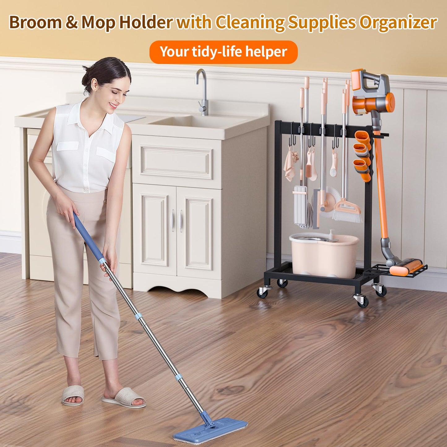 Broom Holder with Cleaning Supplies Organizer Load 160 LBS Cleaning Cart with Wheels Broom Closet Storage with 6 Mop Hanger Grippers, 3 Double-Hooks, Vacuum Stand for Laundry Garage Organization