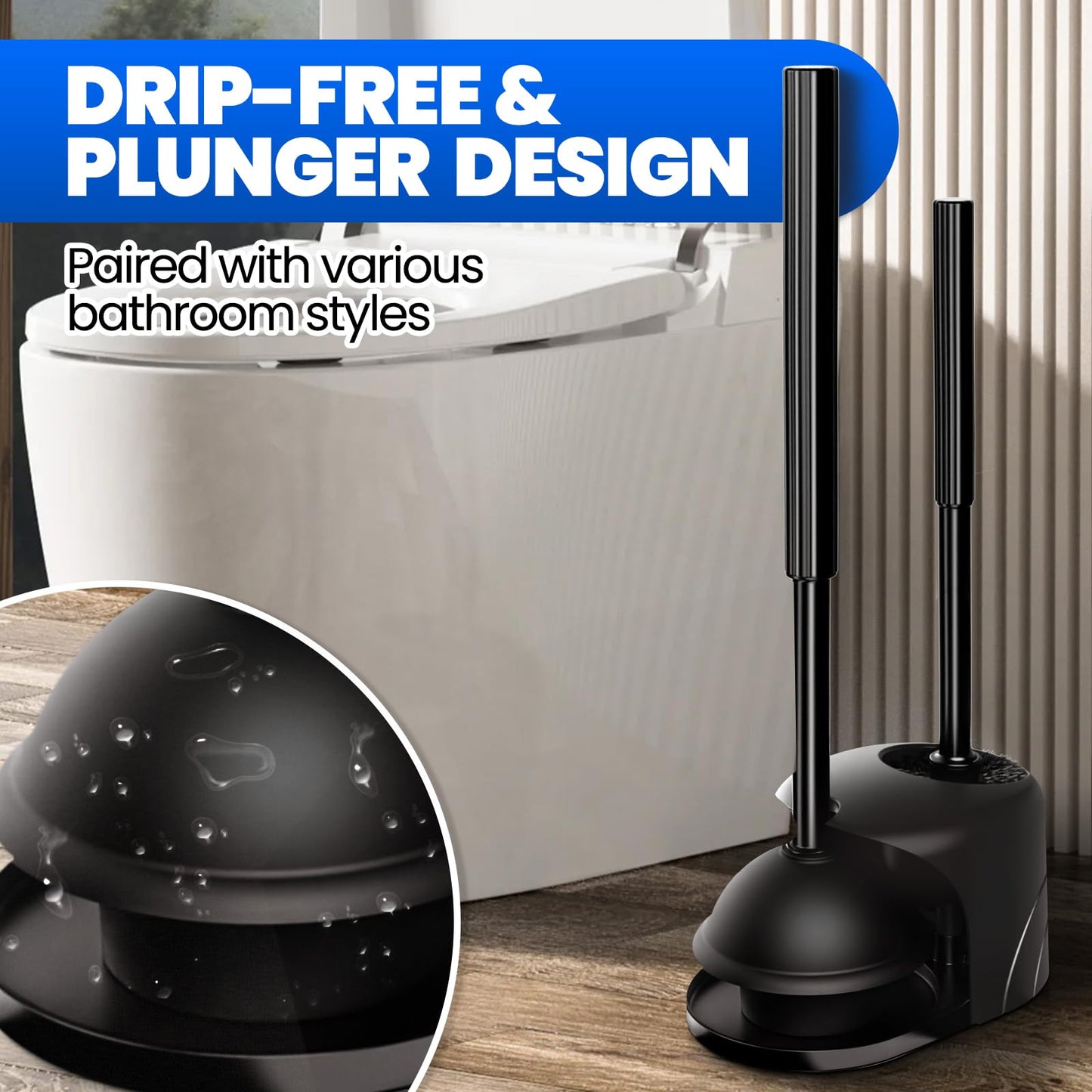 Denvlex 2Pack 2 in 1 Toilet Brush and Plunger Set, Extended Handle Plunger,Toilet Bowl Brush Plunger Set,Bathroom Cleaning Tools,Cleaning Brush,Toilet Brush Plunger Combo(Bright Black)