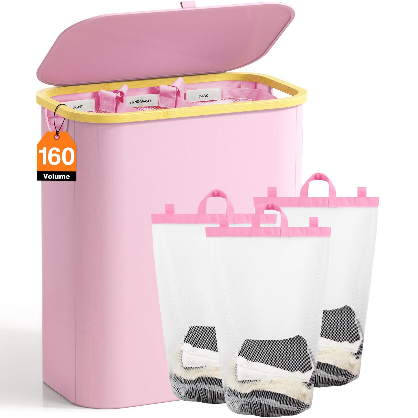 Hampers for Laundry Basket with Lid, 160L Extra Large 3 Section Clothes Divided Organizer for Bedroom, Laundry Room, Dirty Clothing Hamper, Pink