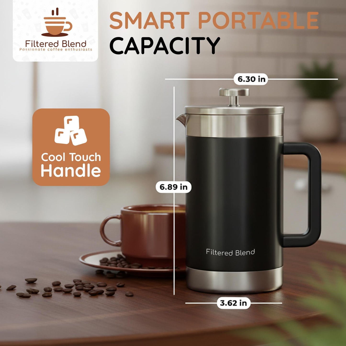 Filtered Blend 1.6L French Press Coffee Maker, 54oz Large Capacity French Press Stainless Steel Brewer with Double Filter Mesh for Kitchen Travel Camping, Hot & Cold Brew Coffee Maker Gifts (Black)
