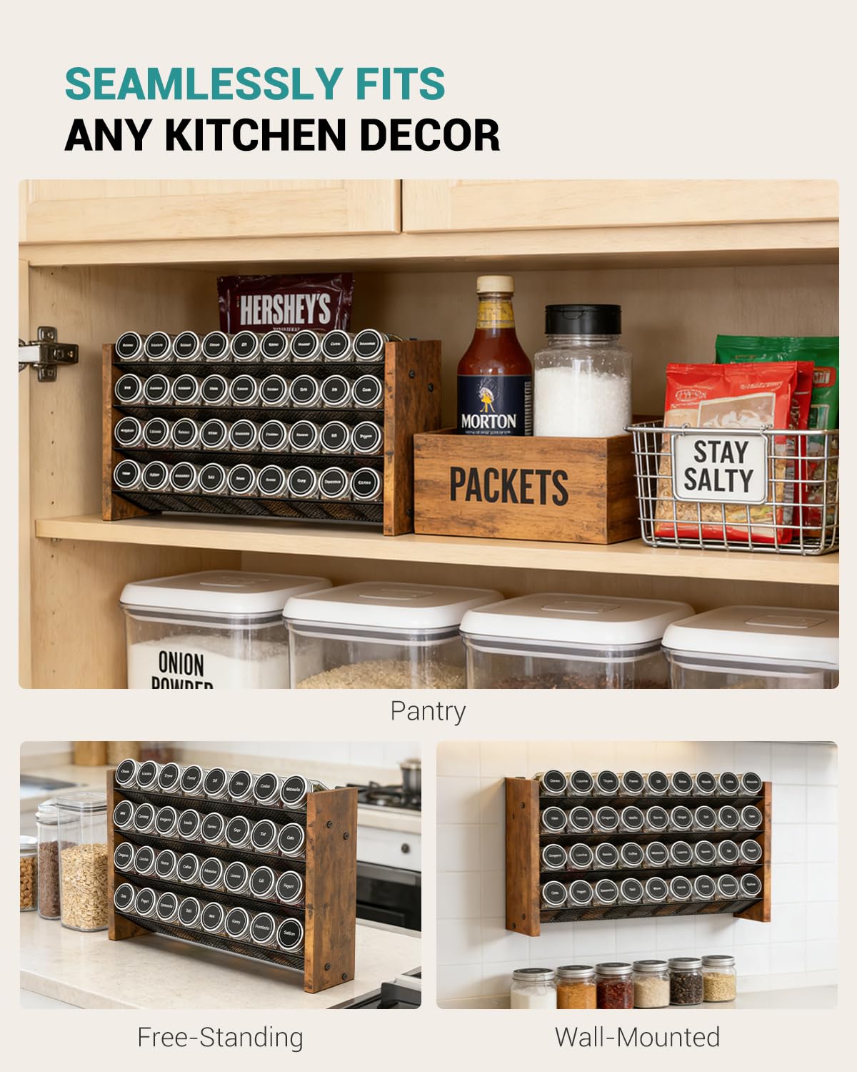 NESAPTO Spice Rack Organizer for Cabinet, Wood 4-Tier Vertical Seasoning Organizer, Wall Mount or Countertop Spice Shelf, Holds 36 Jars (No Jars Included), 17.2" W x 9.4" H