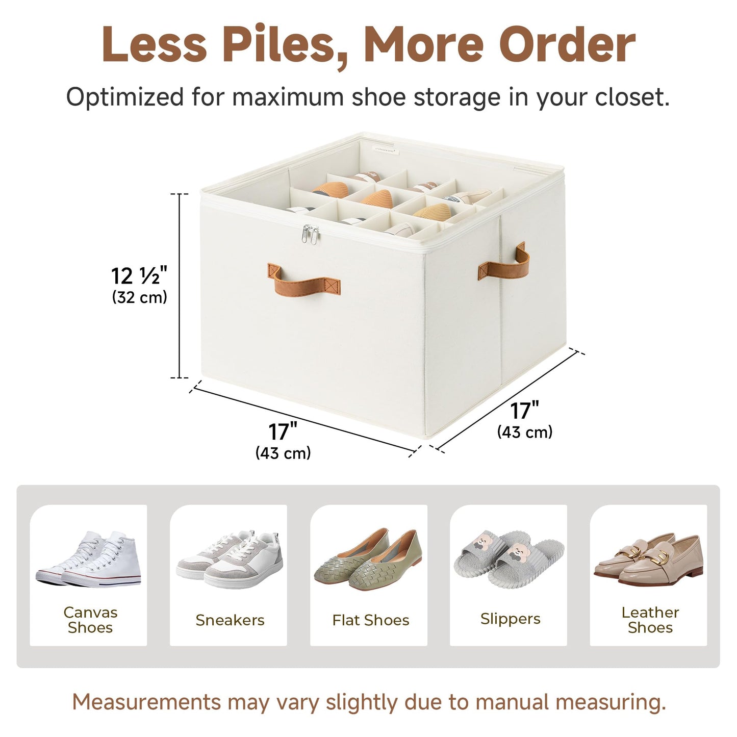 StorageWorks Shoe Organizer for Closet, Shoe Storage Cubby Containers with Adjustable Dividers and Clear Cover, Fits up to 16 Pairs, Foldable Shoe Storage Box for Closet, Entryway, Beige