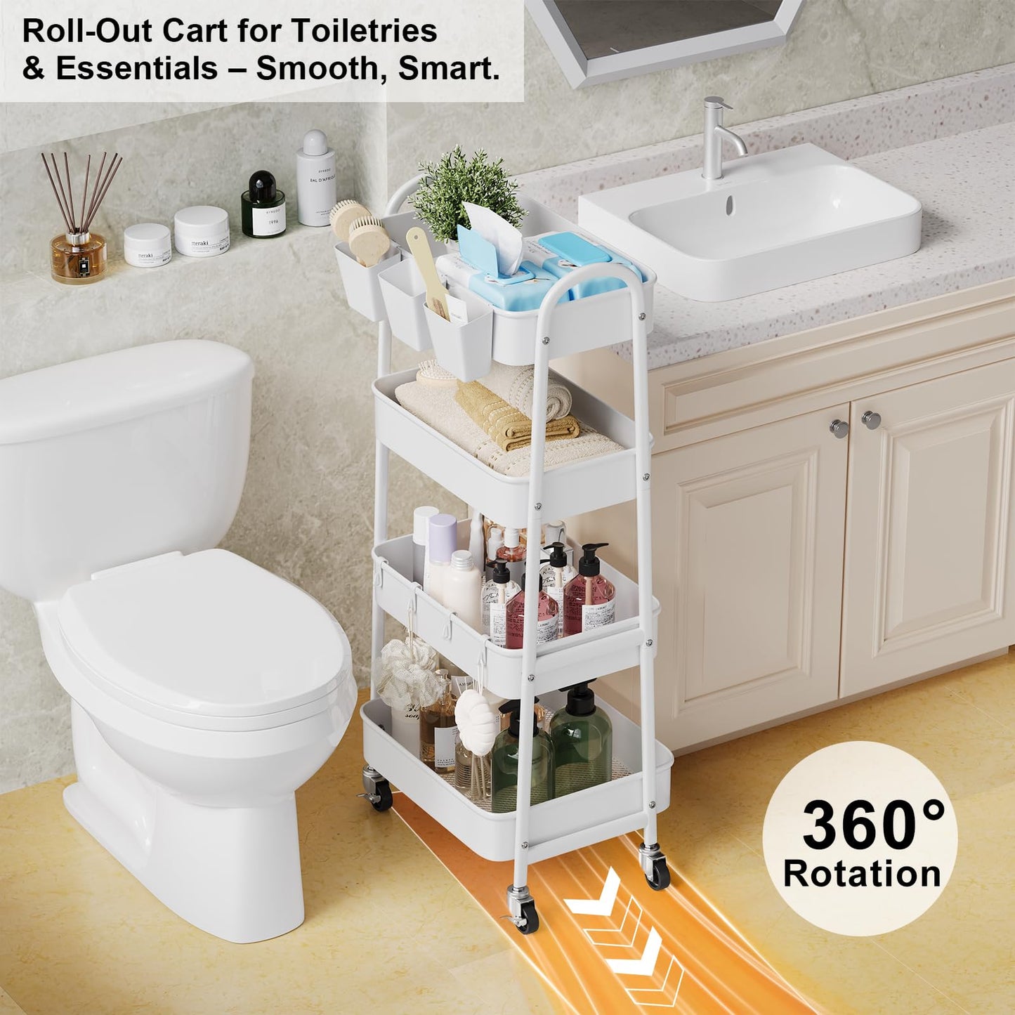 White 4 Tier Rolling Cart Metal with Wheels, Heavy Duty Utility Storage Organizer Carts on Wheels, Four Tiered Roller Cart for Kitchen, Book, Snack, Craft, Art, Dorm, Large Capacity Basket, 38in Tall