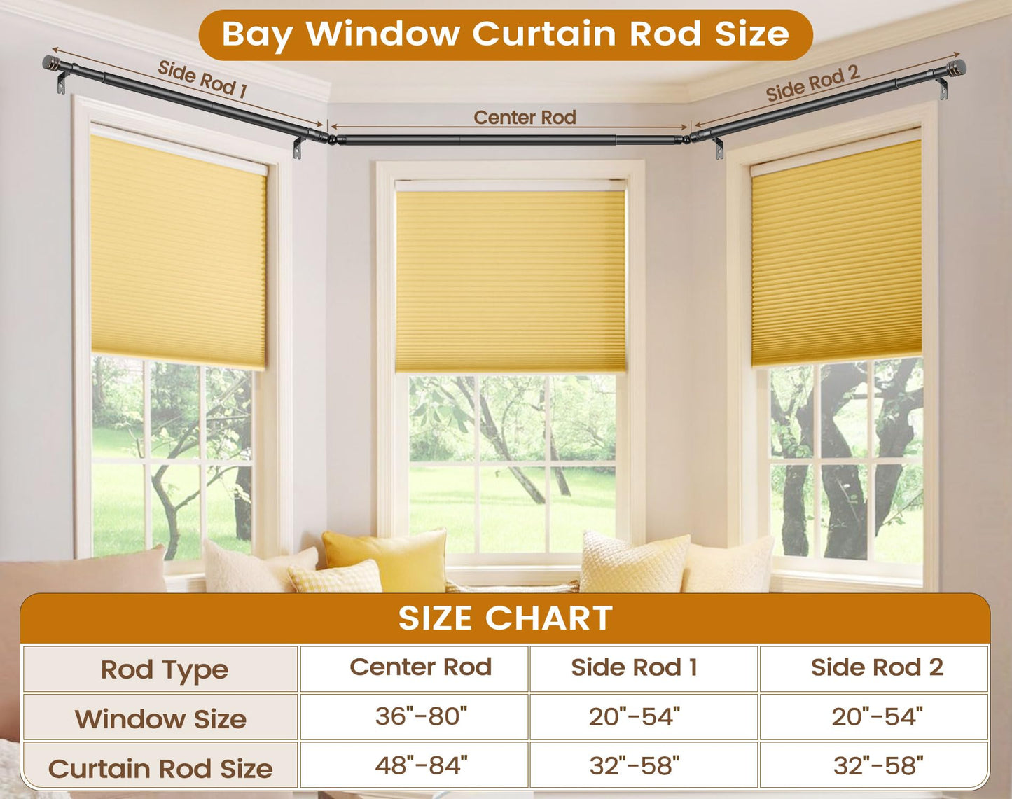 Black Bay Window Curtain Rod, HOTOZON 1 Inch Curtain Rods for Bay Windows 36-72 Inch(Center Rod), 20-36 Inch Side Rods for Windows, Heavy Duty Decorative Drapery Rod with End Cap Finials