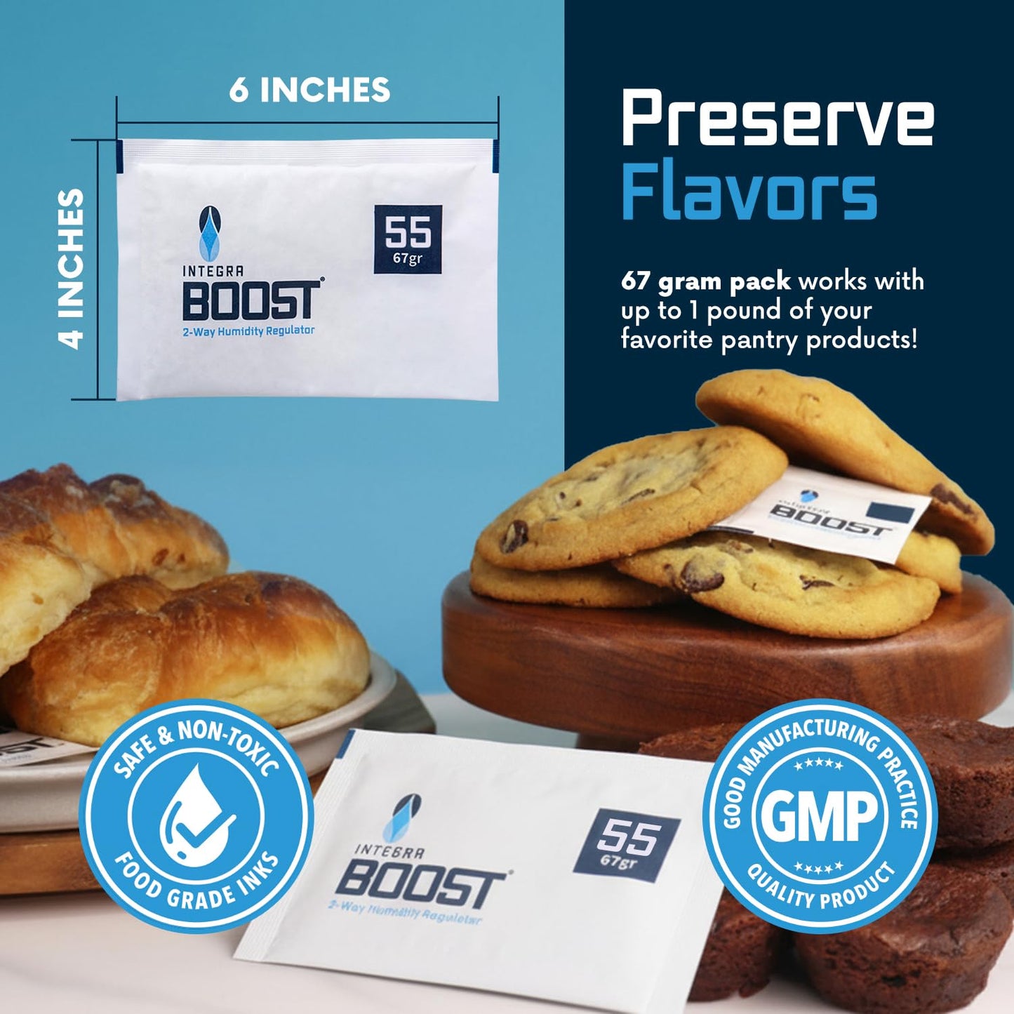 Integra Boost - 55% RH Level - 67 Gram Size - Two-Way Humidity Control Pack - Incl. Replacement Indicator Cards - Food Storage & Herbs Moisture Balancer For Up to 1 lb (Pack of 6)