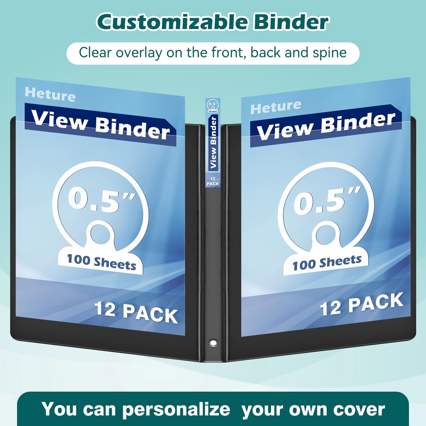 Heture 3 Ring Binder 0.5 Inch 12 Pack, 0.5" Clear View Round Ring Binders, PVC-Free, Holds for 100 Sheets 8.5"x 11" US Letter Size Paper, 1/2 in Durable Black Binders for Office,School and Home.