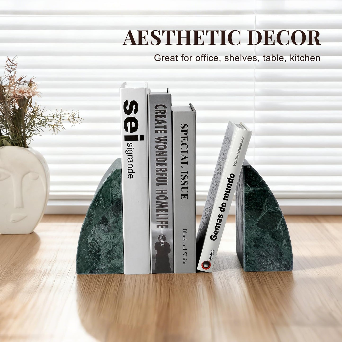 Koville Marble Bookends for Shelves, 8Lbs Large Stone Bookends for Heavy Books, Non-Slip Heavy Duty Book Stopper, Modern Decorative Book Ends for Bookshelf Table Home Decor(Green)