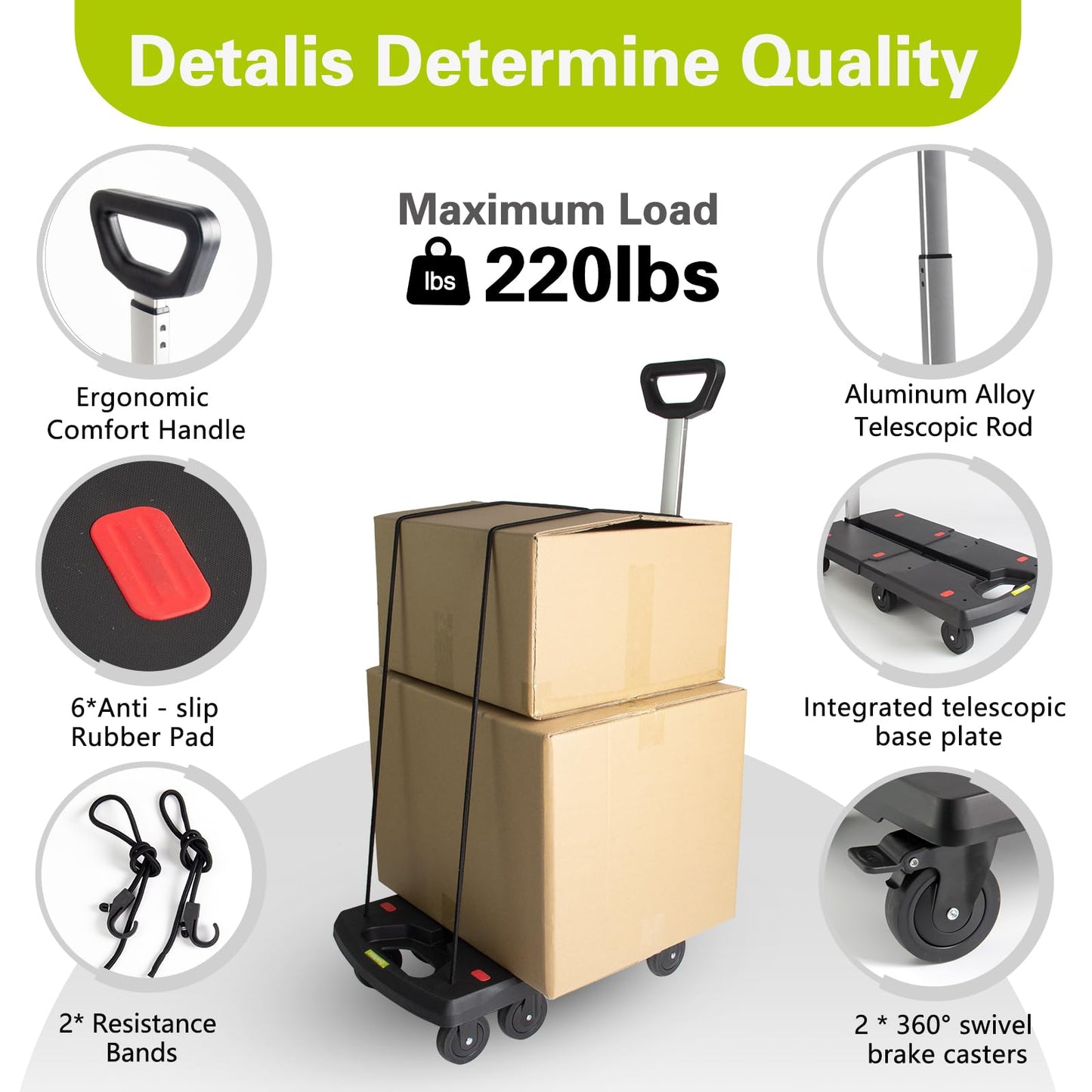Grenybold Folding Hand Truck with 3-Inch 6 Brake Wheels, 220LBS Capacity Luggage Cart, 21x13 Inch Compact Collapsible Dolly with Bungee Hooks & Strap for Home Travel Grocery Moving