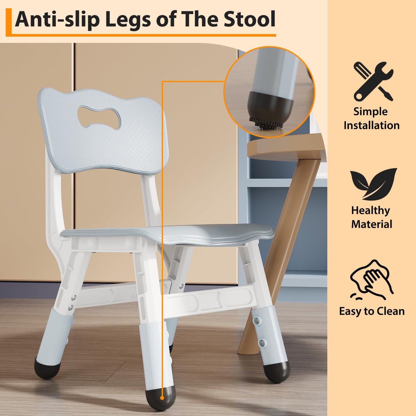 BouPower 2-Pack Adjustable Kids Chairs, 3-Level Height Plastic Toddler Chair with Non-Slip Base & Stackable Design, for Home School Classroom Daycare Indoor Outdoor Use, Ages 2-8, Grey