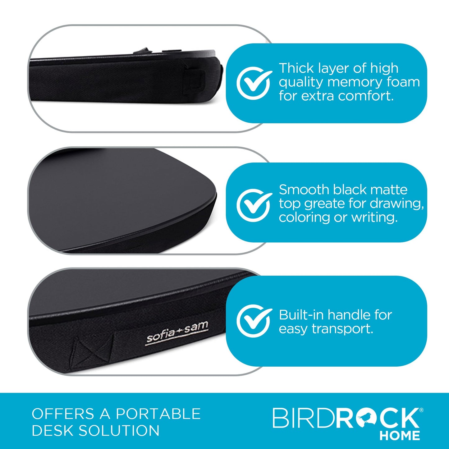 BIRDROCK HOME Oversized Lap Desk with Memory Foam Cushion - Portable w/USB Light & Wrist Rest, Ideal for Work from Home, Students & Gaming, Ergonomic Design for Comfort - Matte Black