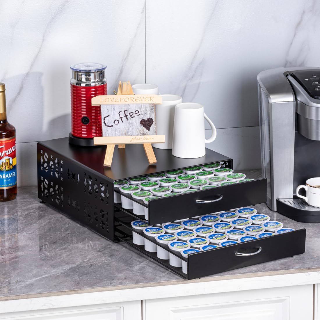 FlagShip K Cup Organizer Drawer 2 Tier Coffee Pod Holder for Keurig Pod Holder Save Space Countertop Kitchen (84 Pods Capacity)