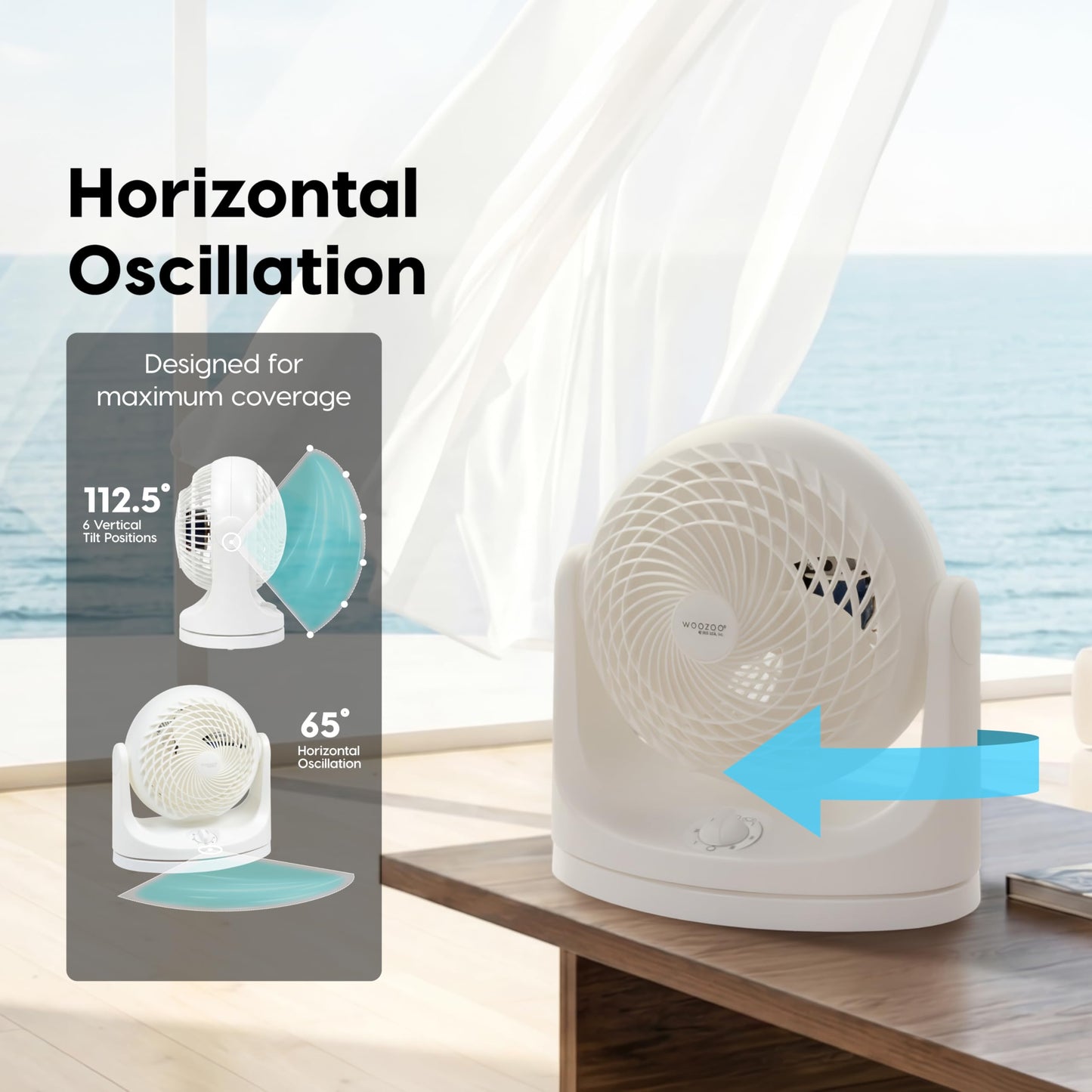 IRIS USA WOOZOO Desk Fan, Oscillating Air Circulator, 3 Speeds, 36ft Max Air Distance, 244ft² Coverage, 112° Adjustable Vertical Tilt, 29db Quiet Motor, Small Fan for Bedroom, Office, Dorm, White