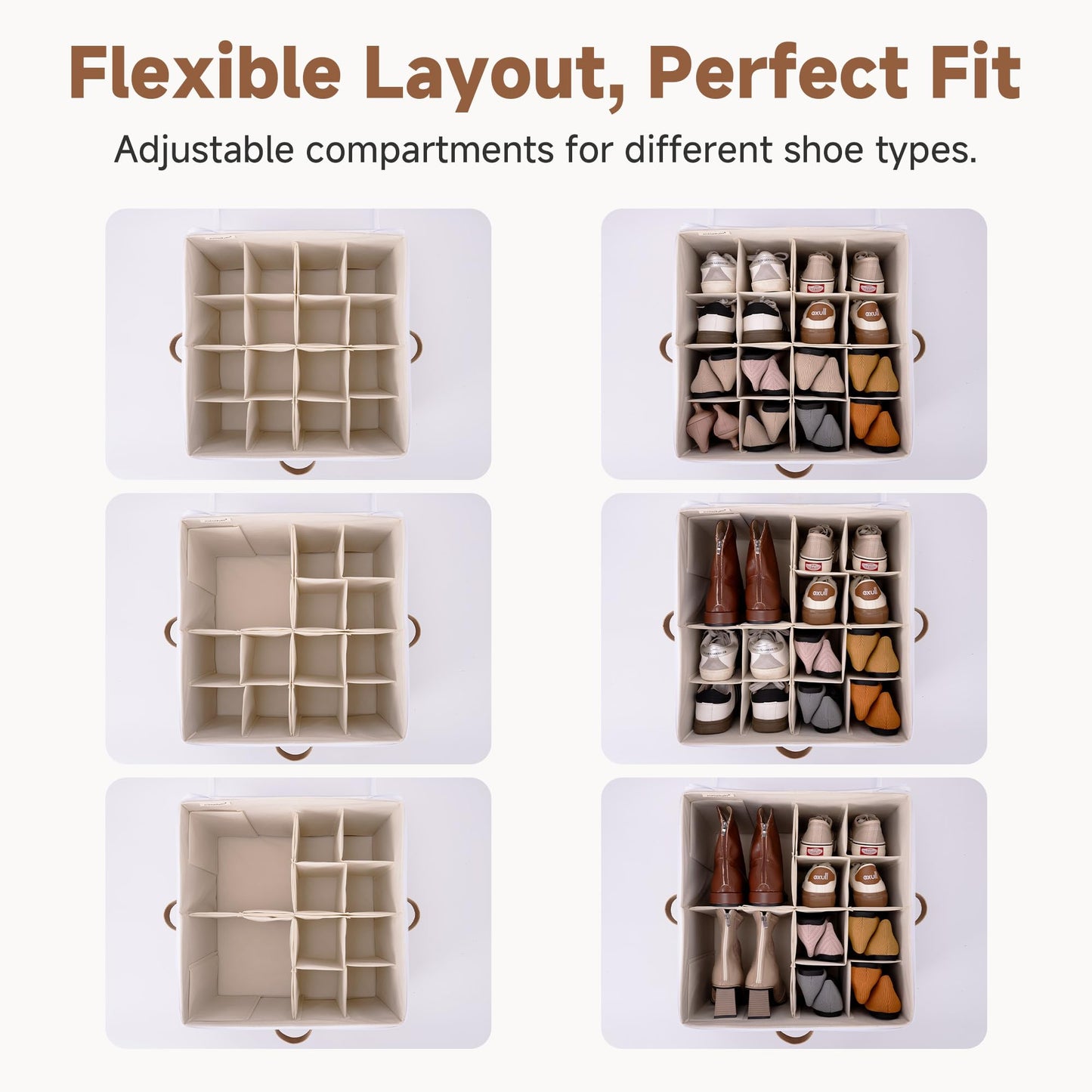 StorageWorks Shoe Organizer for Closet, Shoe Storage Cubby Containers with Adjustable Dividers and Clear Cover, Fits up to 16 Pairs, Foldable Shoe Storage Box for Closet, Entryway, Beige