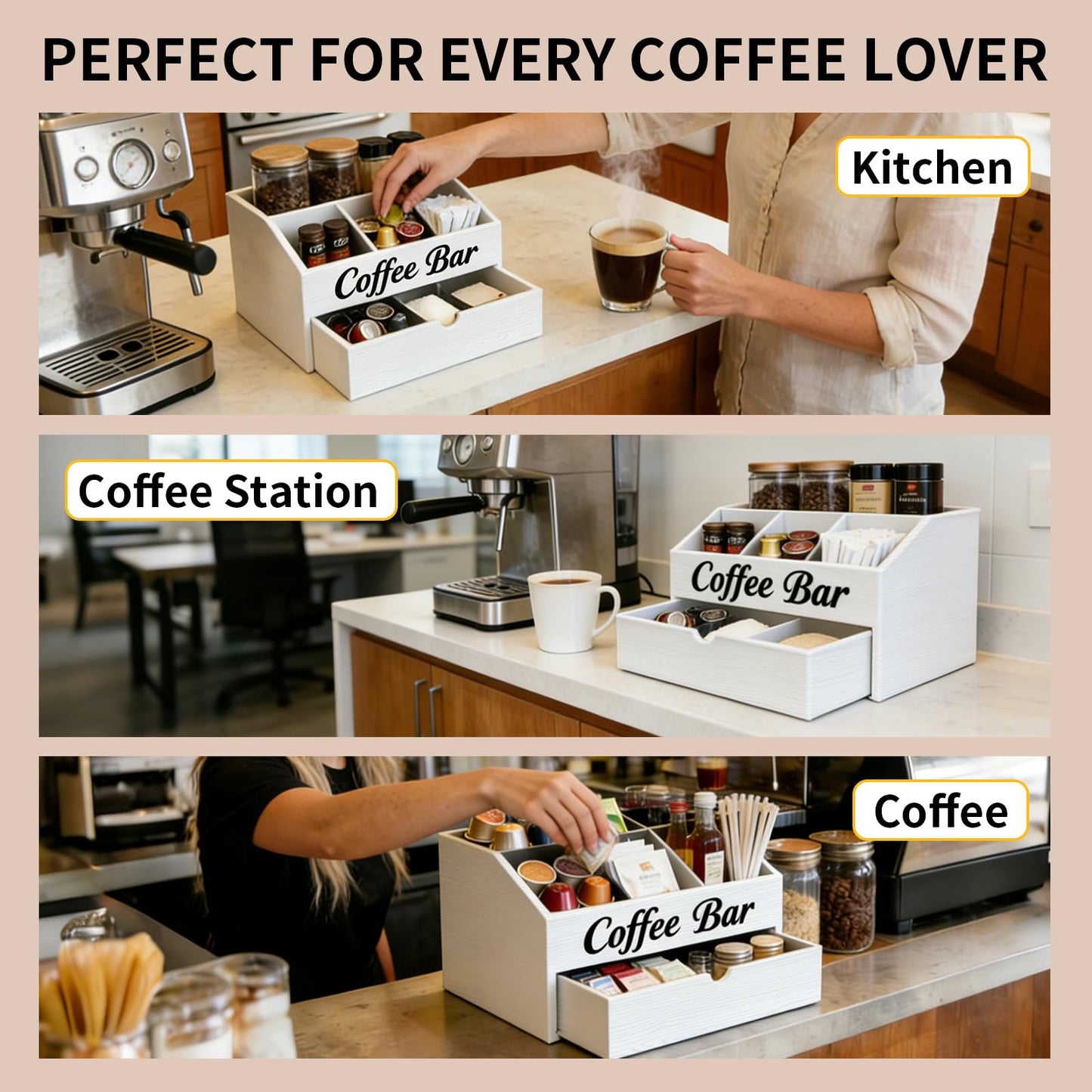 Eastsign Coffee Bar Organizer for Countertop, 2-Tier Wooden Coffee Station Accessories Holder with Dust-Proof Drawer, 5 Storage Compartments for Syrups, Pods, Tea Bags and Cups, White
