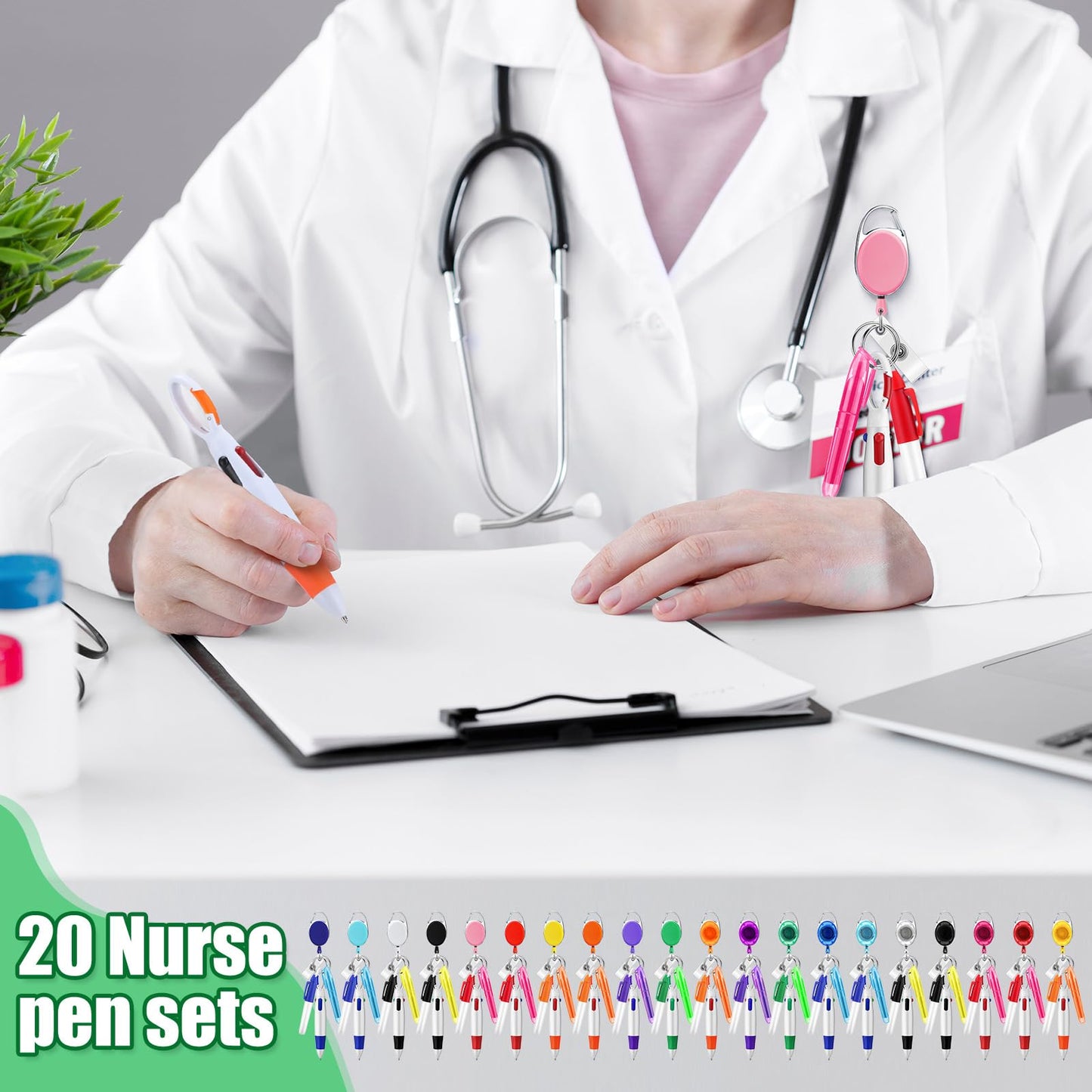 Dispowreath 80 Pcs Nurse Gift Nurse Pen Set Badge Reel 4 in 1 Retractable Shuttle Pens Mini Highlighter Neon Marker Nursing Keychain Clip 2026 Nursing Week Gift for CNA Medical Assistant(Multicolor)