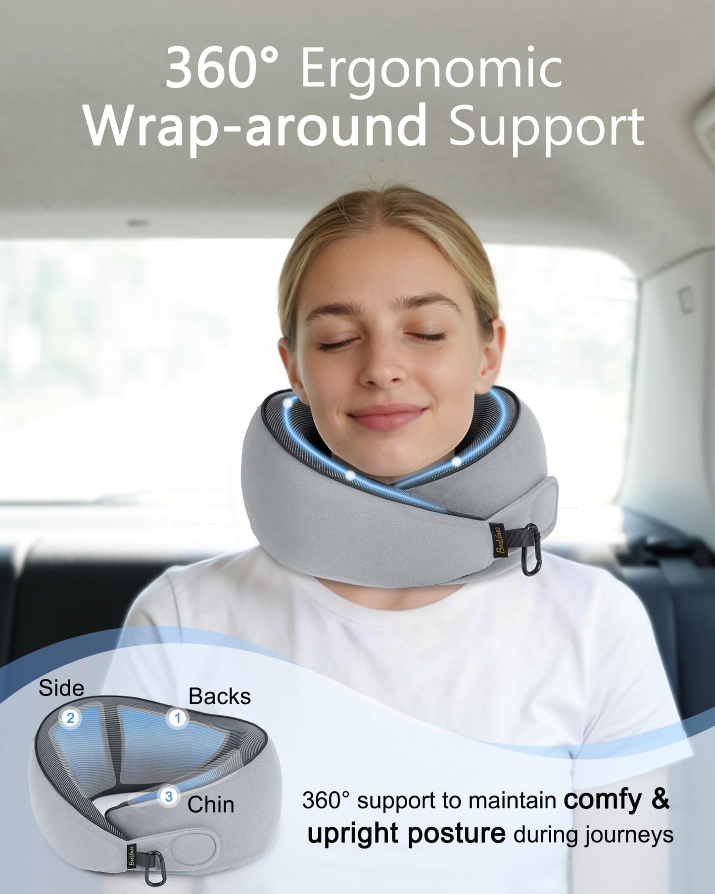 BeeVines Travel Pillow with Carry Case, Memory Foam Neck Pillows for Airplanes, 360° Wrap Around Support for Sleeping, Breathable & Washable Cover for Long Flights, Car & Train Traveling