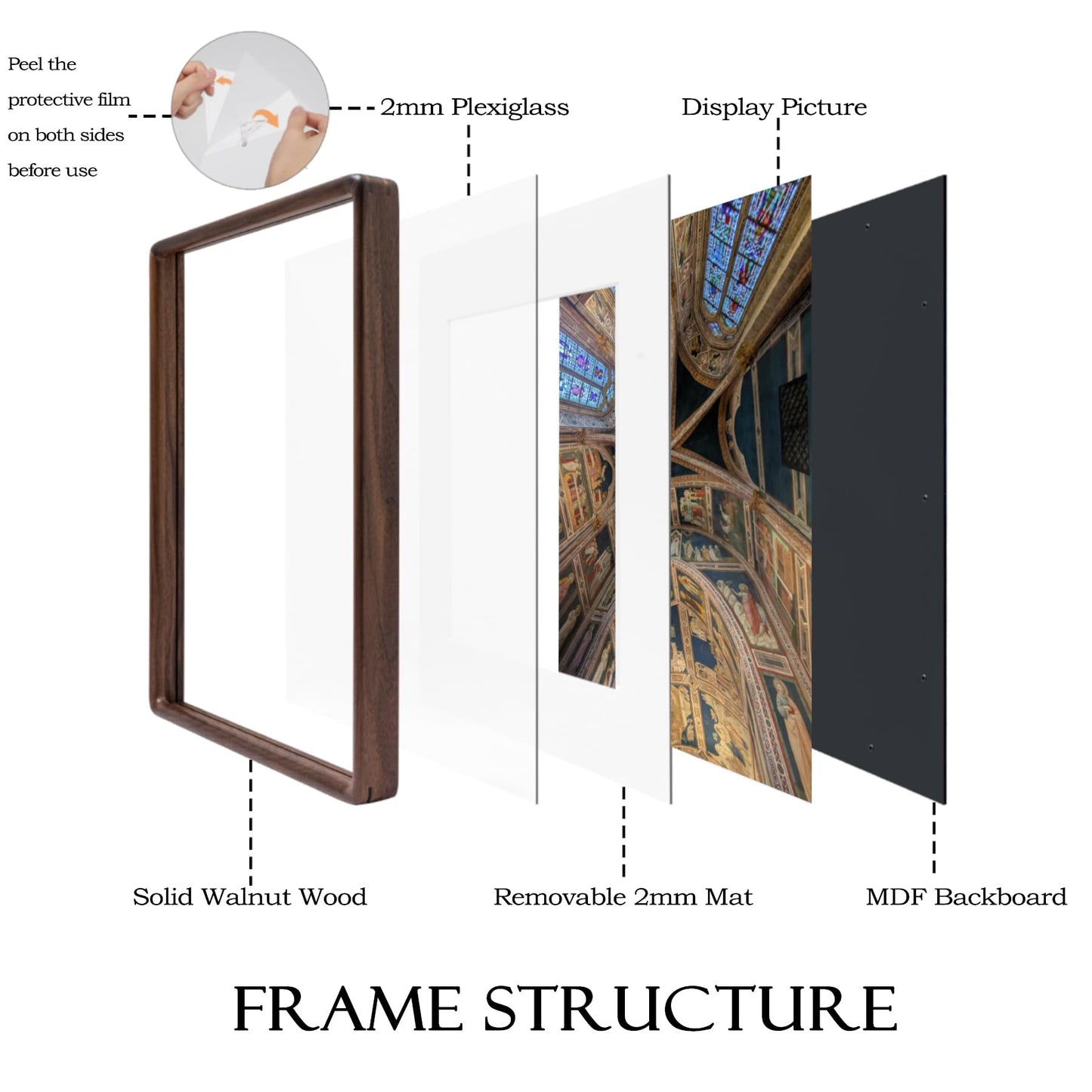 Husteria 12x18 Frame, Solid Walnut Wood Poster Frame with Mat for 11x17 or 12x18 without Mat, Rounded Corner Walnut Wooden Frame, Gallery Wall Frames for Art, Horizontal or Vertical Wall Mounting