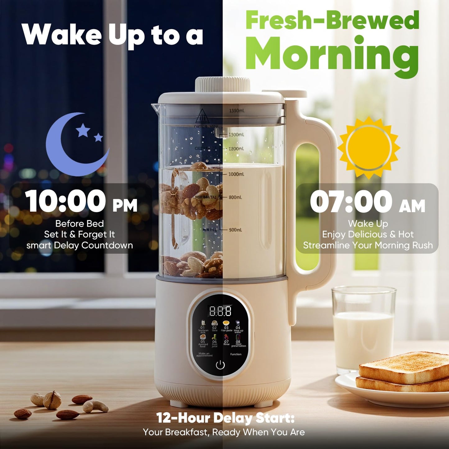 55oz Nut Milk Maker, 10-in-1 Plant Milk Maker Machine, 800W 20-Blade Smooth Blend — Soy/Almond/Oat Milk Maker — Hot Max 27oz, One-Touch, Auto Clean 2-Min, 12-H Delay, 4-H Keep Warm