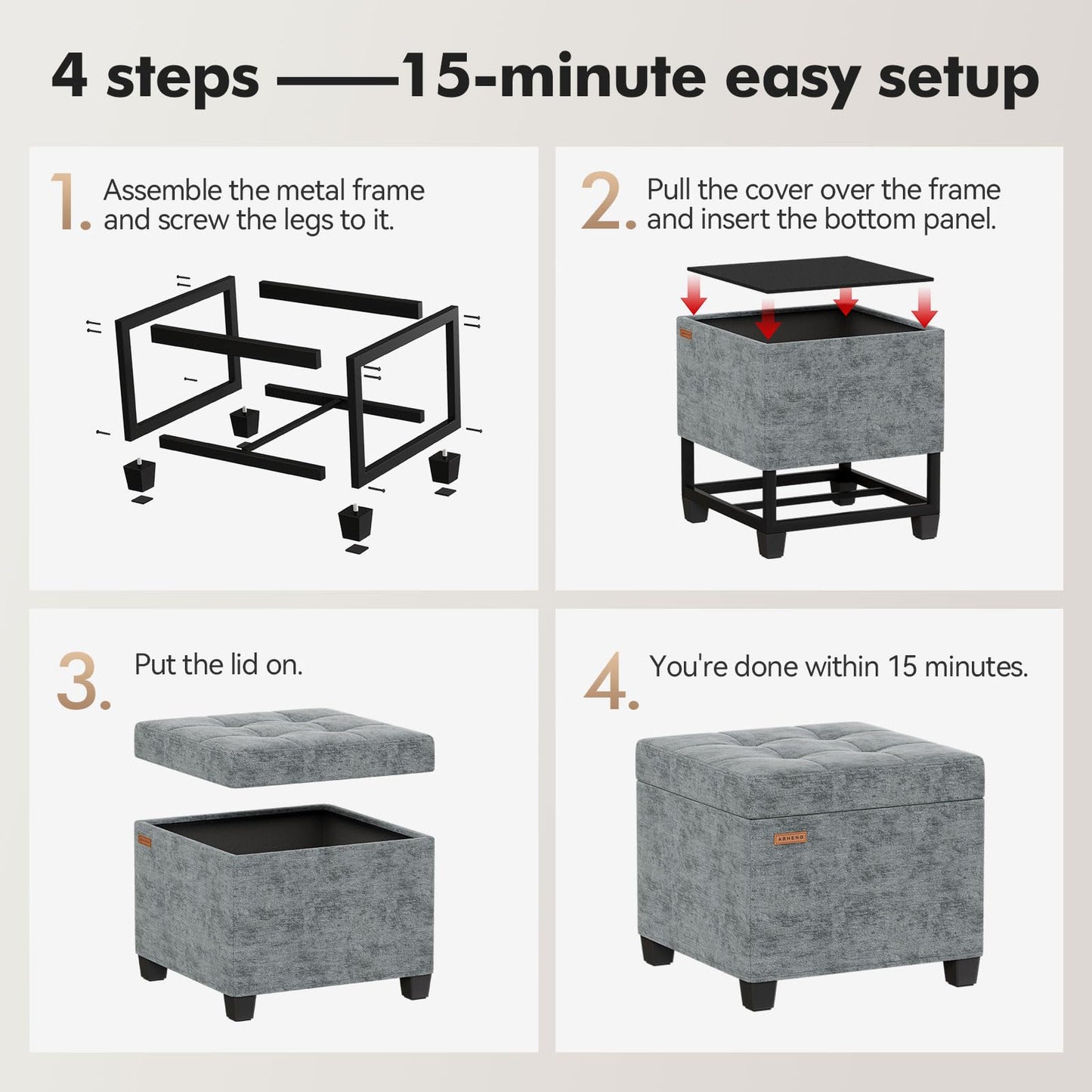 ABHENG Chenille Cover Steel Frame Ottoman with 48L Storage,17.7" x 17.7" x 17.7" Square Linen Storage Ottoman Stool Cube with Legs,for Dorm Livingroom Gray UASND641G