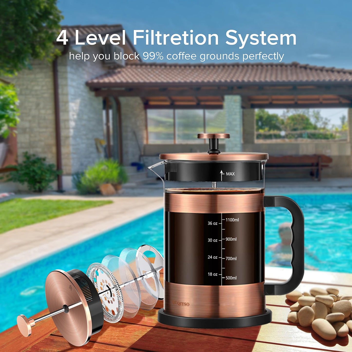 QUQIYSO French Press Coffee Maker 51oz 304 Stainless Steel French Press with 4 Filter, Heat Resistant Durable, Easy to Clean, Borosilicate Glass Coffee Press, Copper