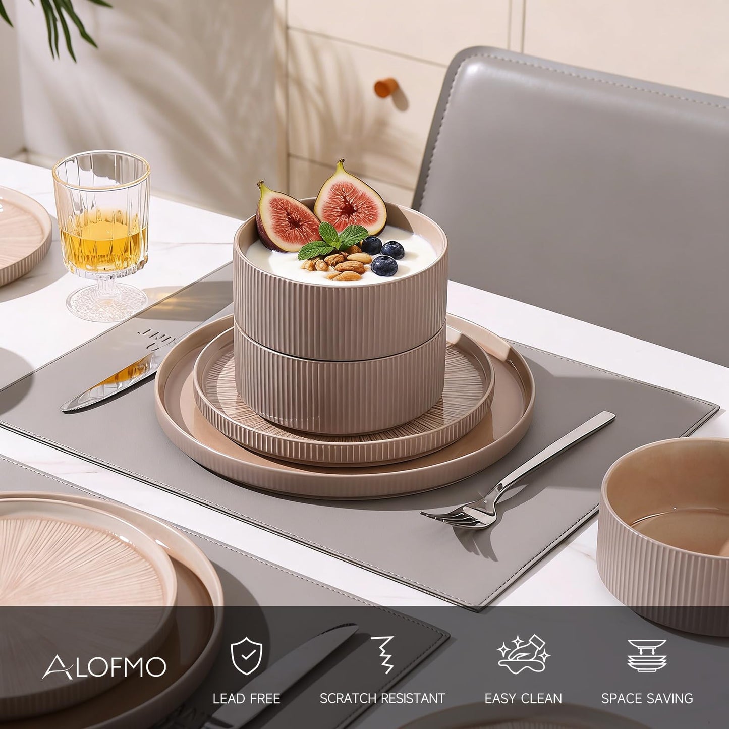 ALOFMO Dinnerware Sets for 4, Ceramic Plates and Bowls Set 12 Piece Dinnerware Chip Resistant Stoneware with Advanced Inkjet Printing Technology, Dishwasher and Microwave Safe-Dusty Brown