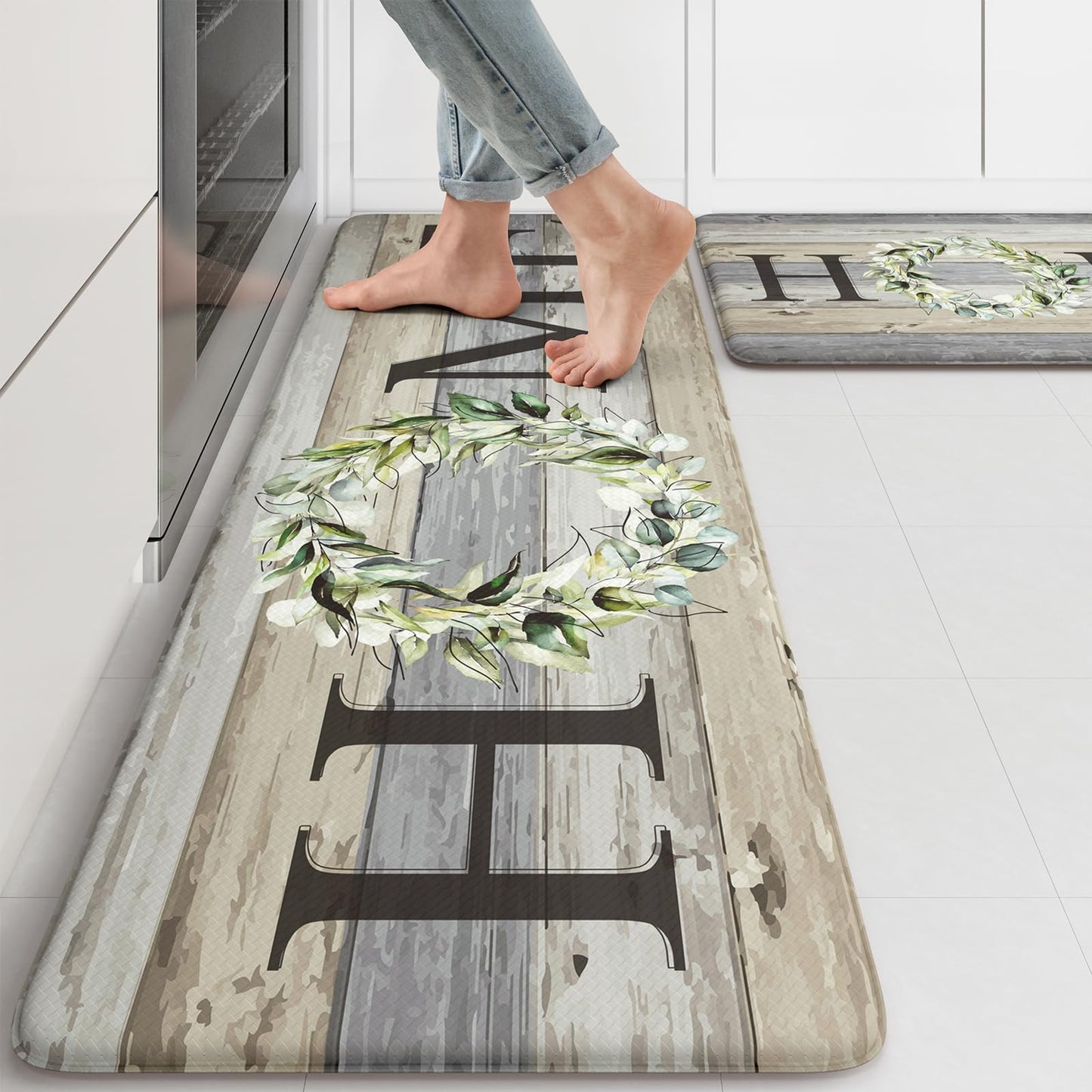 KIMODE Kitchen Mats for Floor 17"x47"+17"x29", Farmhouse Kitchen Rugs Sets of 2, Anti Fatigue Mats for Kitchen Floor, Cushioned Comfort Kitchen Floor Mats for Sink, Laundry, Desk Grey