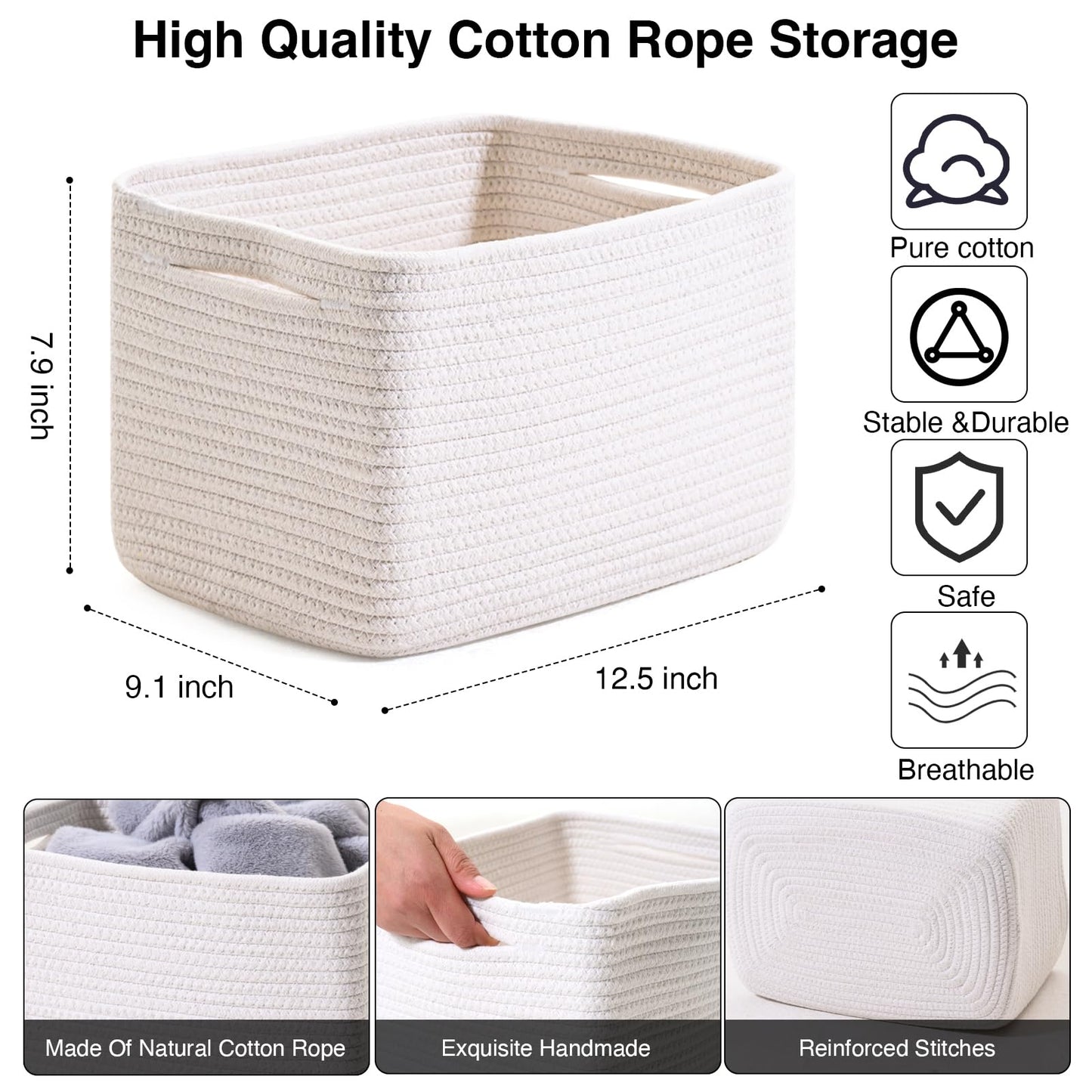 ICERZCZ Storage Baskets for Organizing, Woven Basket for Storage, Storage Baskets Bin for Shelves, Cotton Rope Basket with Handles, 12.5"Lx9.1"Wx7.9"H, (4 Packs) Off White